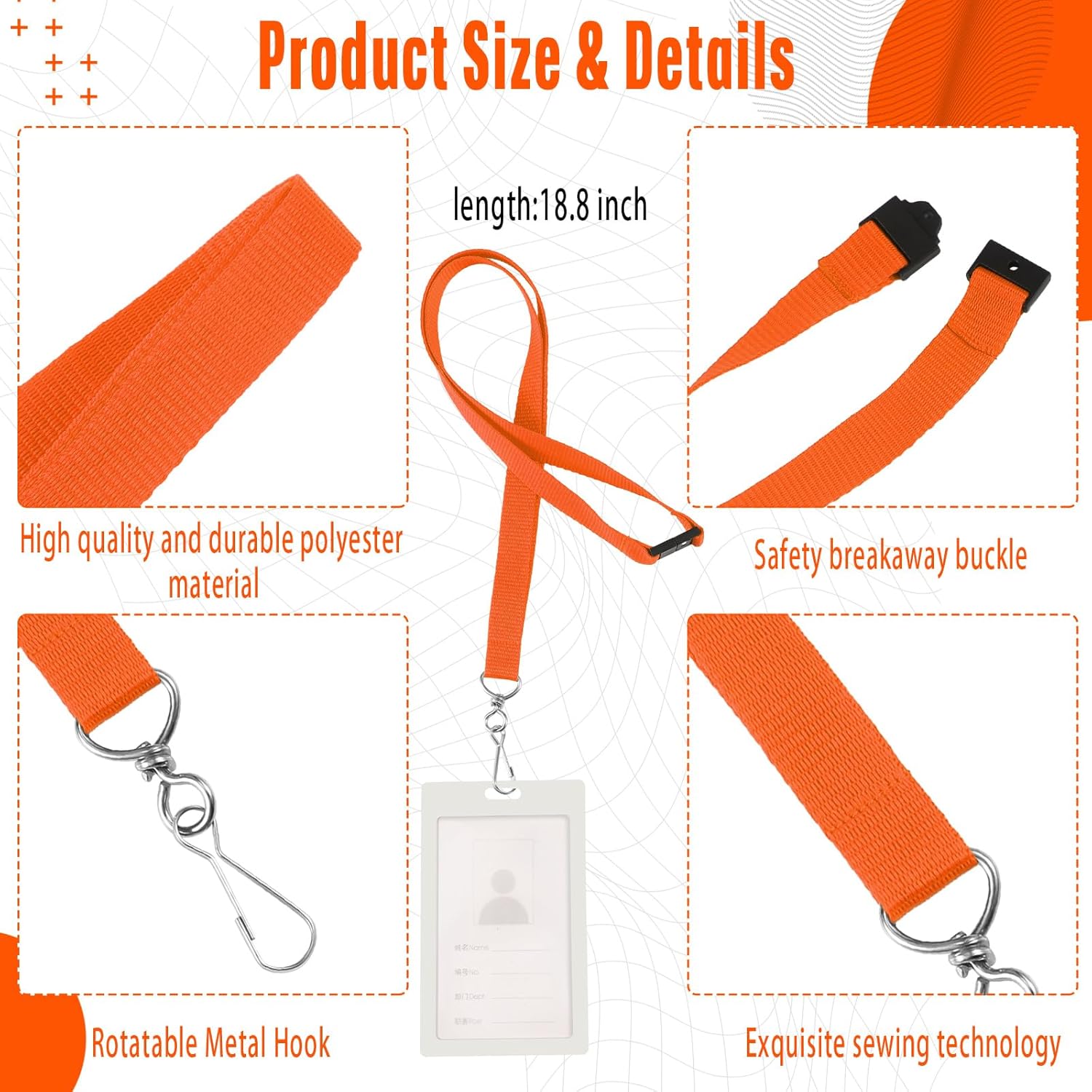 Patelai 60 Pcs Breakaway Lanyards with J Hook Bulk Flat for ID Badges Neck Badge Lanyards Card Nametag Holder Neck Straps (Orange) - Image 2