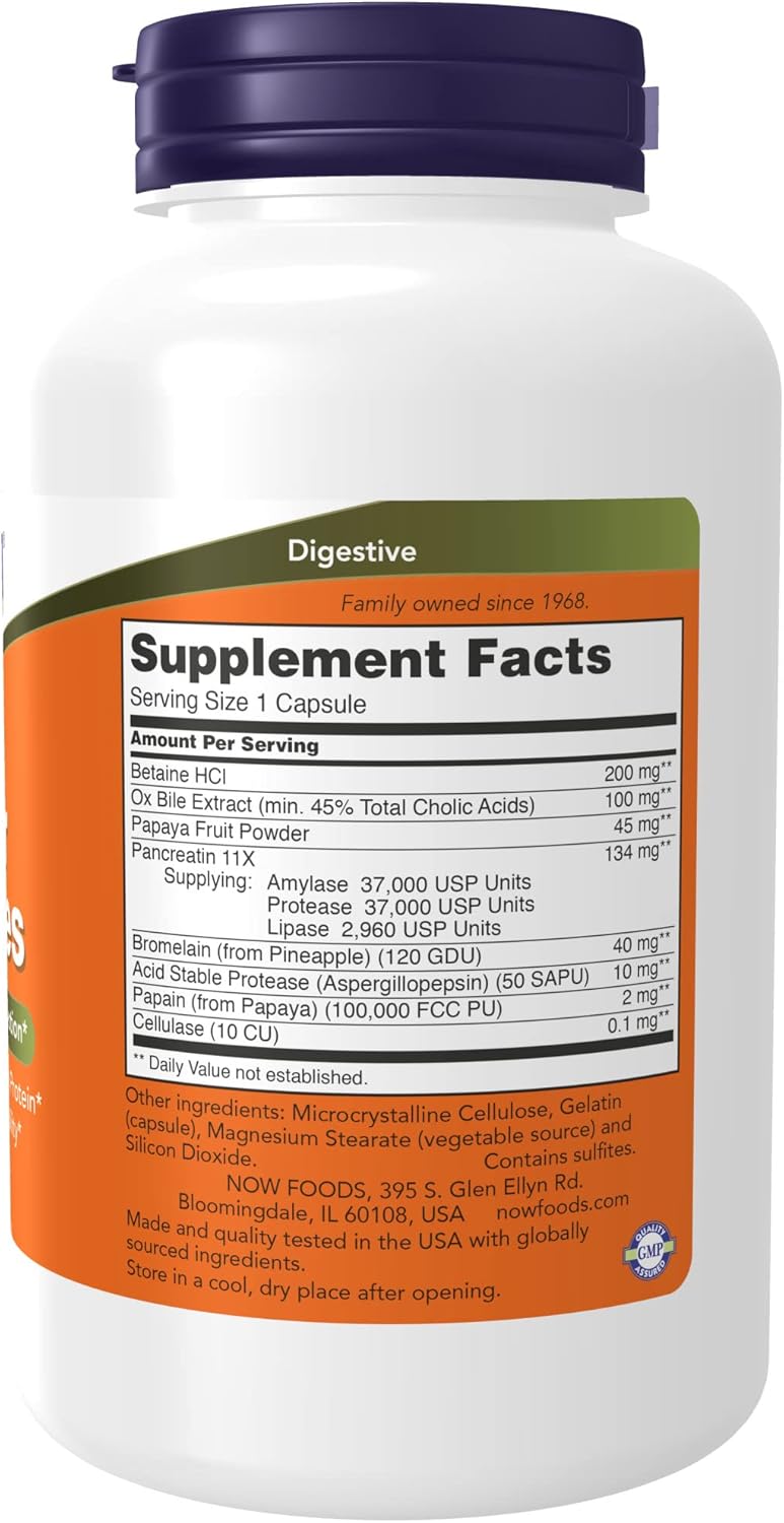 Digestive
Family owned since 1968.
Supplement Facts
Sewing Size 1 Capsule
A Per Se 200 [19;
Beiaine HCi _ . 100 mg
0x Biie Extract (min. 45% Total Cholic ACIds) 45 mg"
V
Papaya Fiun Powder 134 m9
\—//
Pancrealin 11X
'ts
3“ I 'n : Am iase 37,000 USP Uni
pp VI 9 Pru¥ease 37,000 USP‘Unns .,
Lipase 2,960 USP Units 40 mg
Bromelain (irom Pineapple) (120 GDU) 10 mg:
2
- PU)
Acid Stabie Protease (Aspergillopepsln) (50 SA mg"
NJ
eliulase (10 CU)
aiiy Vaiue not esiablishedi
. Gelatin
Other ingredients: Microcrystalline Cel lulosei
ource) 3"
(CapsmeL Magnesium Stearate (vege‘able 5- 5 sulﬁlesi
iiicon Dioxide. Contam
d.
Now FOODS, 395 5. Glen Ellyn R
415.com
Bloomingdale, IL 60108, USA rmﬁzny
Made and Quaiily tested in {he USA With 9
sourced in
, gredients. _
we "‘ a (00', dry place aftev opening