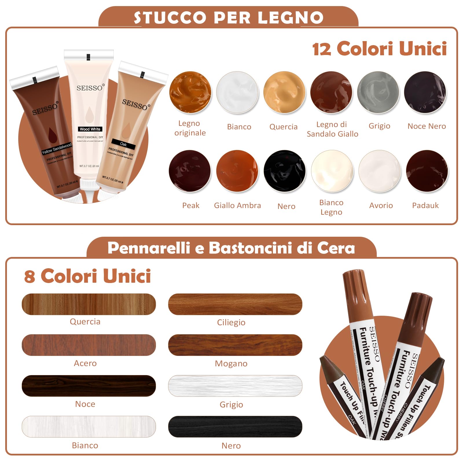 Kit di Riparazione Mobili in Legno - Set di 42 stucchi, Pennarelli e Bastoncini di Cera per la Riparazione di Mobili - Utilizzato per Coprire Graffi, Macchie, Tavoli, Scrivanie