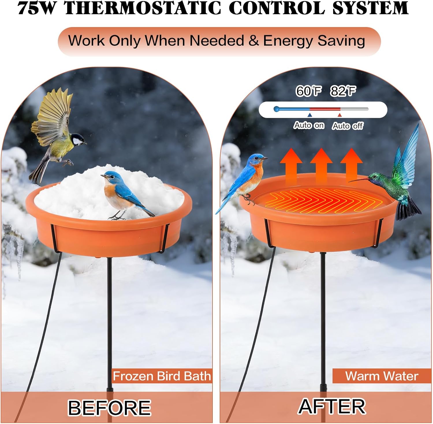 HRAYLTOP Standing Heated Bird Bath for Outdoors for Winter, 75W Heated Bird Baths with Detachable Power Cord,Thermostatic Control Available All Seasons for Garden Yard Patio Lawn（Terracotta）