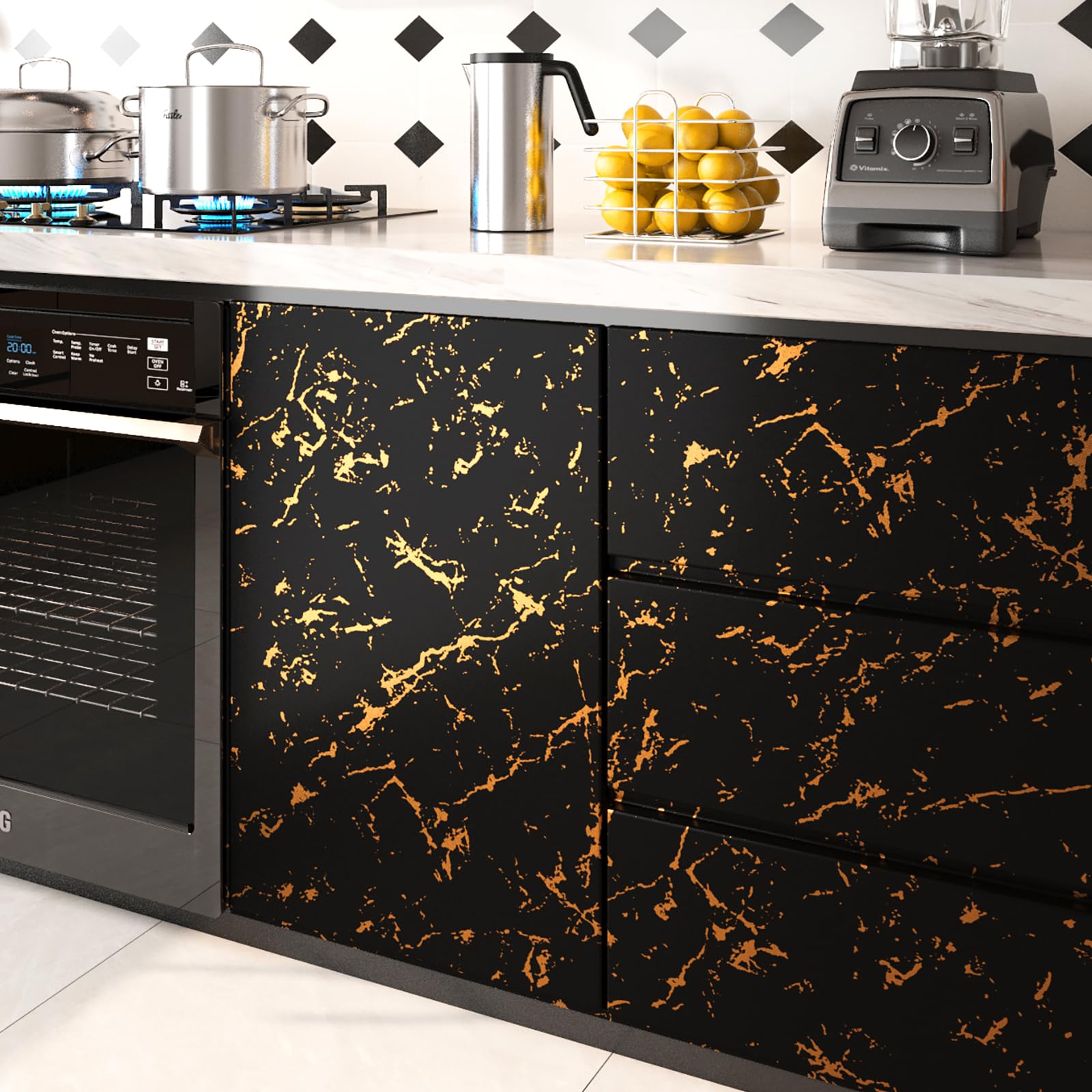 FunStick 60CMx5M Papel Pintado Pared Marmol Vinilo Adhesivo Negro y Dorado Vinilo Marmol Autoadhesivo Muebles Papel Adhesivo Encimera Cocina Vinilos Autoadhesivos Pared Cocina Baño Negro y Dorado