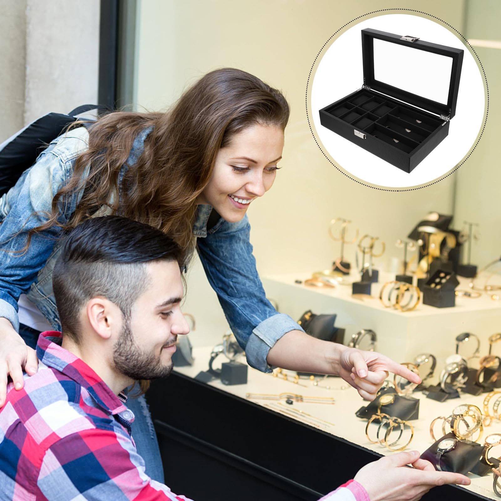 Veemoon Caja para Gafas y Reloj de 6 Compartimentos Vidrio Negro