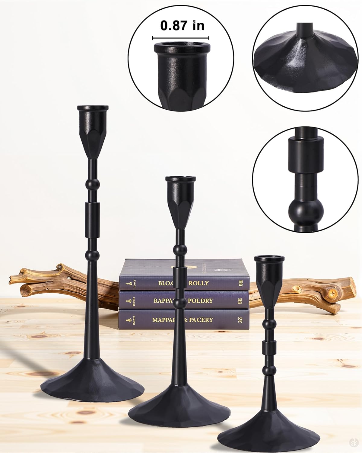 YOUTUOY Vintage Taper Candle Holders Set | Handmade 3-Piece Candlestick Decor for Table Centerpiece, Farmhouse Kitchen & Party Lighting (Black)