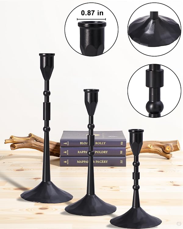 YOUTUOY Vintage Taper Candle Holders Set | Handmade 3-Piece Candlestick Decor for Table Centerpiece, Farmhouse Kitchen & Party Lighting (Black) by YOUTUOY - Image 3
