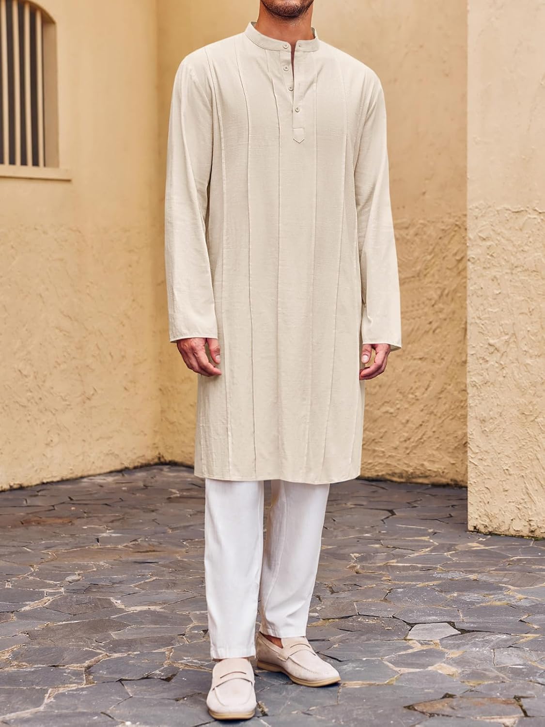 Runcati Mens Kaftan Thobe Button Down Henley Shirts Robe Long Sleeve Casual Cotton Pleated Muslim Gown Shirt - Image 4