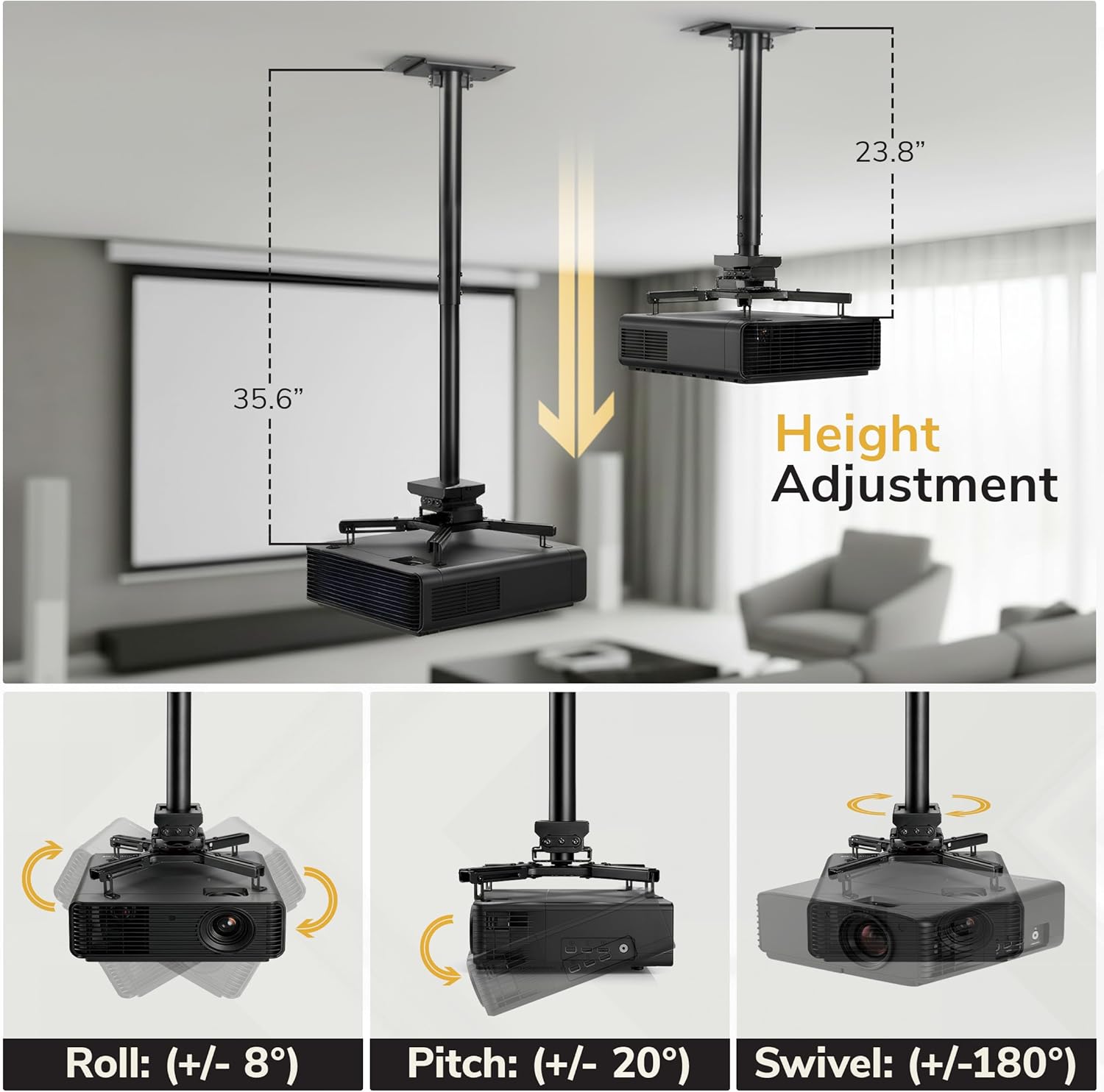 Mount-It! PRO Projector Ceiling Mount, Heavy-Duty Commercial Grade, 77 lb Capacity, Adjustable Extension 23.8–35.6 in, Universal Ceiling Mount for Professional Installations