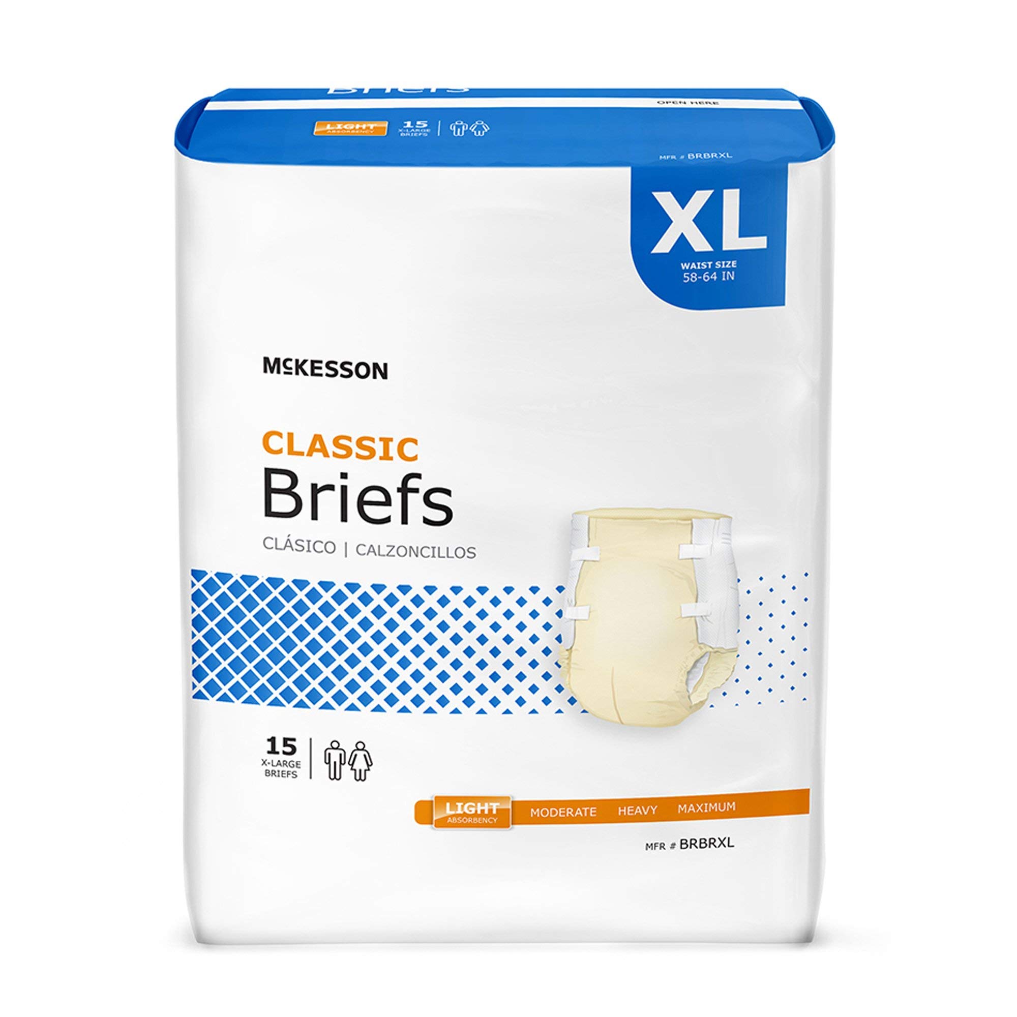 McKessonClassic Briefs, [60 Count], XL, 58-64 in. Incontinence Adult Diapers, Light Absorbency, Unisex, Disposable, Elastic Leg Gathers and Contoured Fit for Men and Women