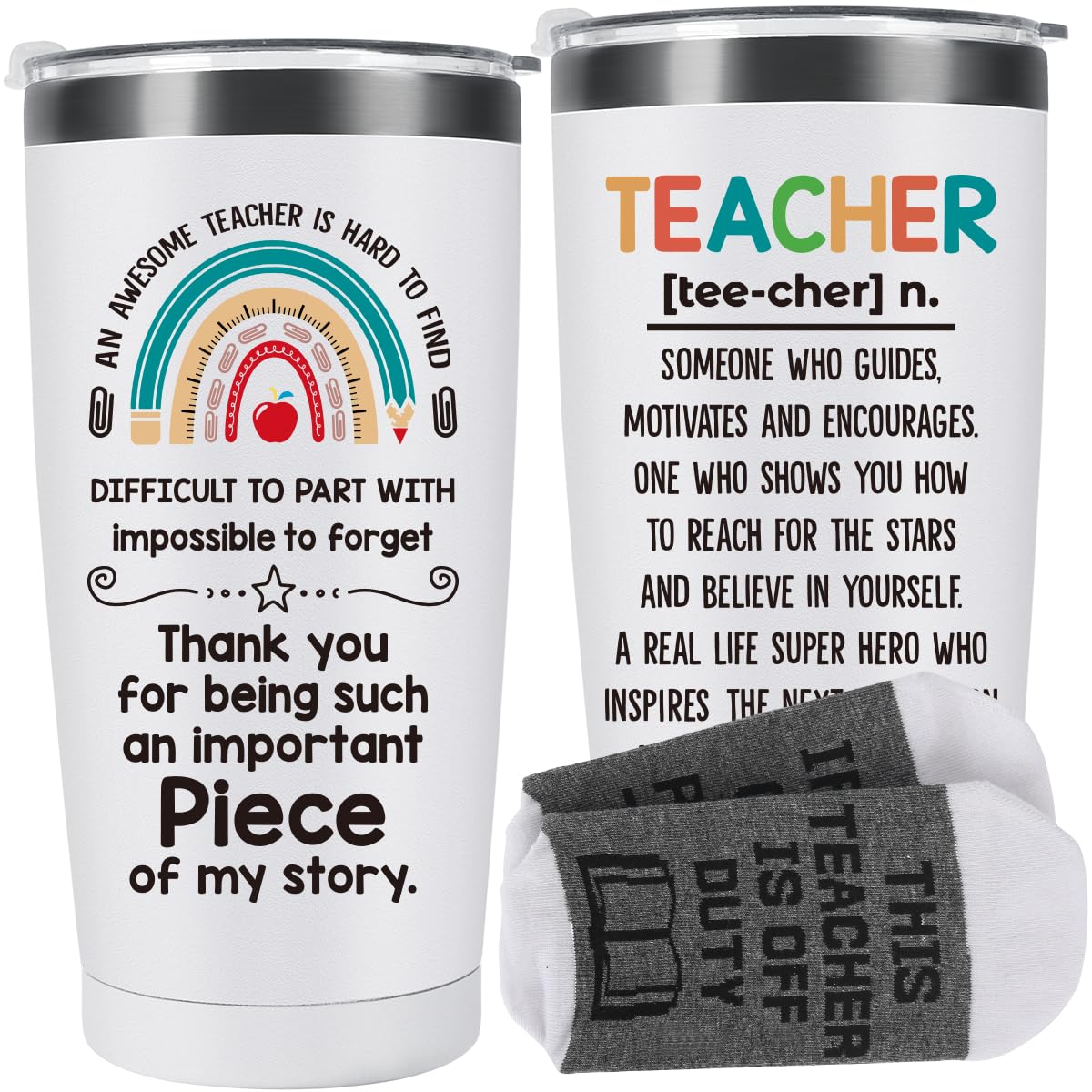TuSuQing Teacher Gifts Teacher Appreciation Gifts from Students Graduation Teacher's Day Birthday Gifts for Teacher Encourager Teacher Definition Tumbler Insulating Flasks +Socks 20oz (White)