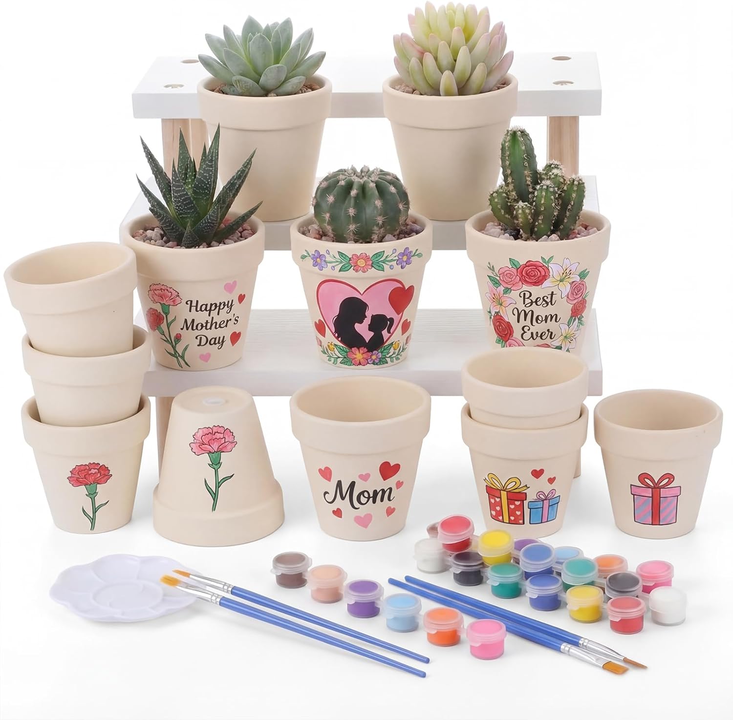 Sieral 12 Set Mother's Day Paintable Ceramic Flower Pot DIY Craft Gift Bulk Small Paint Your Own Succulent Plant Pots with Drainage Hole Plug Paints Brushes Palettes for Thank You Mom Theme Activity