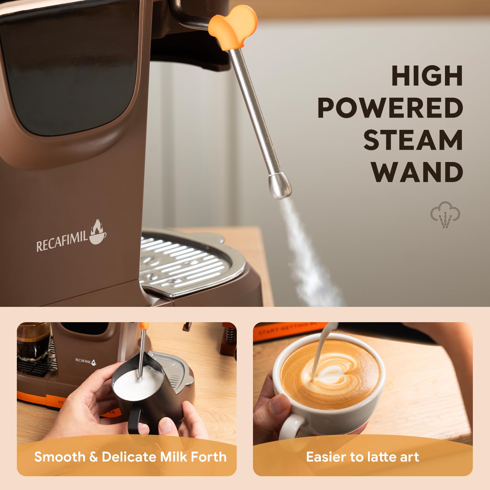 RECAFIMIL19 Bar Espressomaschine mit Bohnenmühle, 2-in-1-Kaffeemaschine, Cappuccino- und Latte-Zubereiter mit Milchaufschäumer, Touchpanel, abnehmbarer Wassertank (Orange)