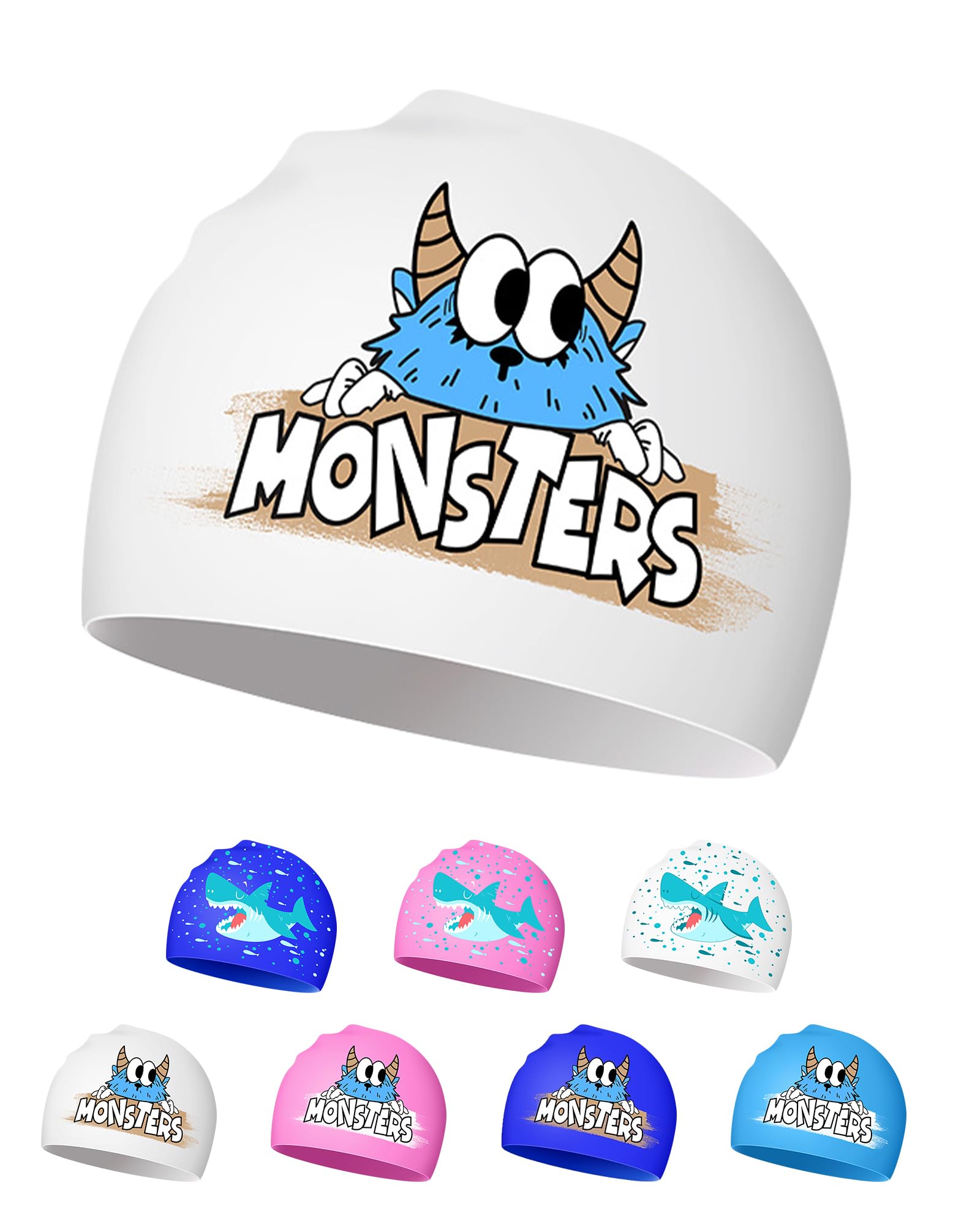 Kids Swimming Cap for 4-12 Years - Waterproof, Silicone, Adorable Design, Non-Slip (White monster)
