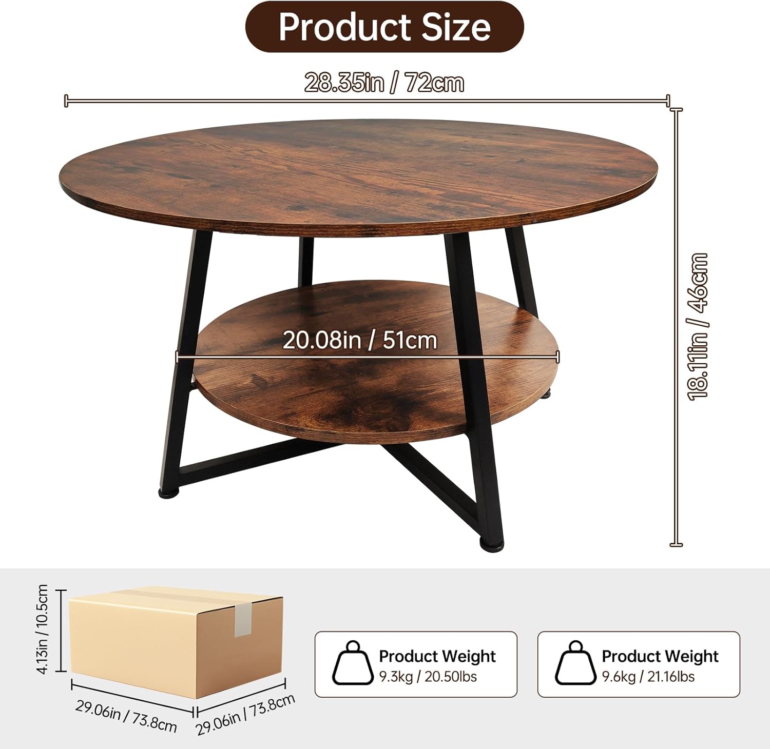 Round Wood Coffee Table, 2-Tier Rustic Circle Coffee Table with Storage for Living Room, Accent Center Table with Black Metal Legs, Easy Assembly (Rustic Brown)