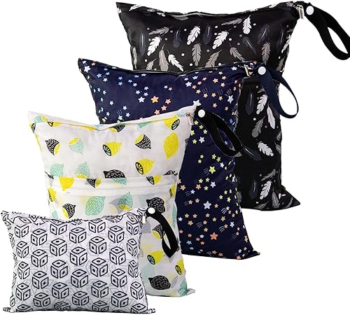 EZ Moms 4 bolsas impermeables para artículos húmedos con dos bolsillos para pañales, bolsa grande para artículos húmedos, bolsa reutilizable para