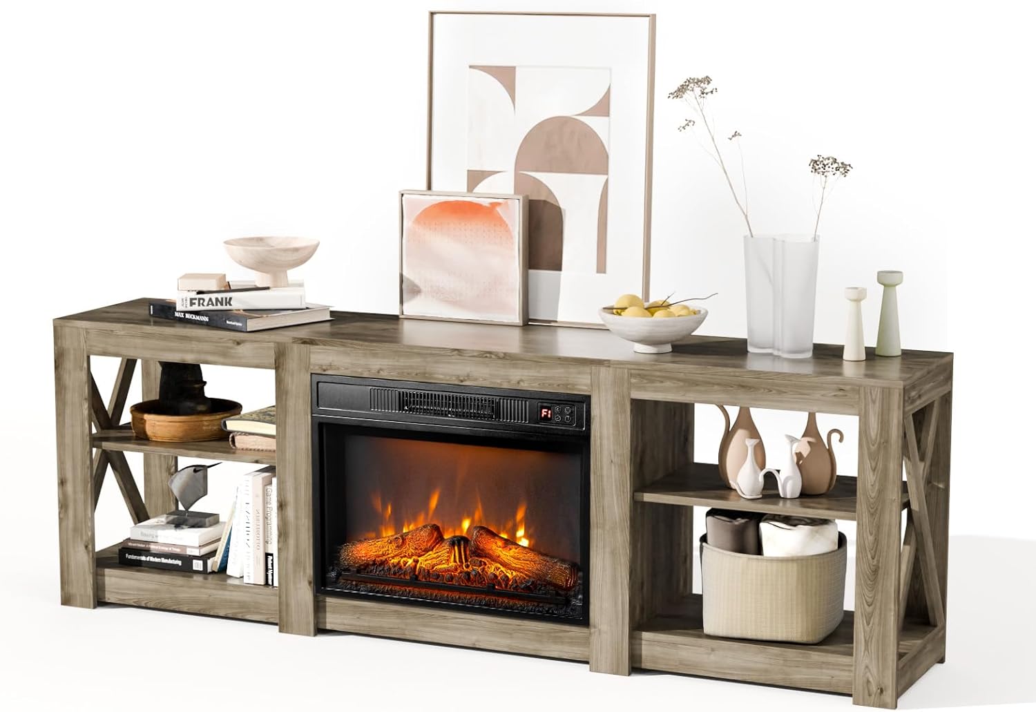 VINGLI Fireplace TV Stand for up to 80 inch TVs, Farmhouse Entertainment Center with Electric Fireplace Heater & Adjustable Shelves, Fireplace Media Console Table for Living Room, Gray Oak