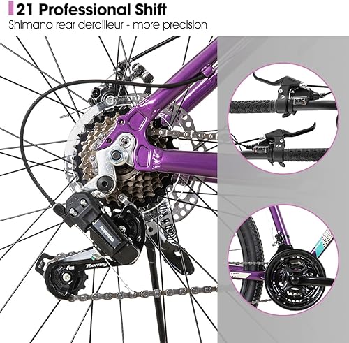 Miniatura 5 de HH HILAND Bicicleta de montaña de 20 y 26 pulgadas para mujeres y niñas, 21 velocidades con horquilla de suspensión de bloqueo, marco de aluminio