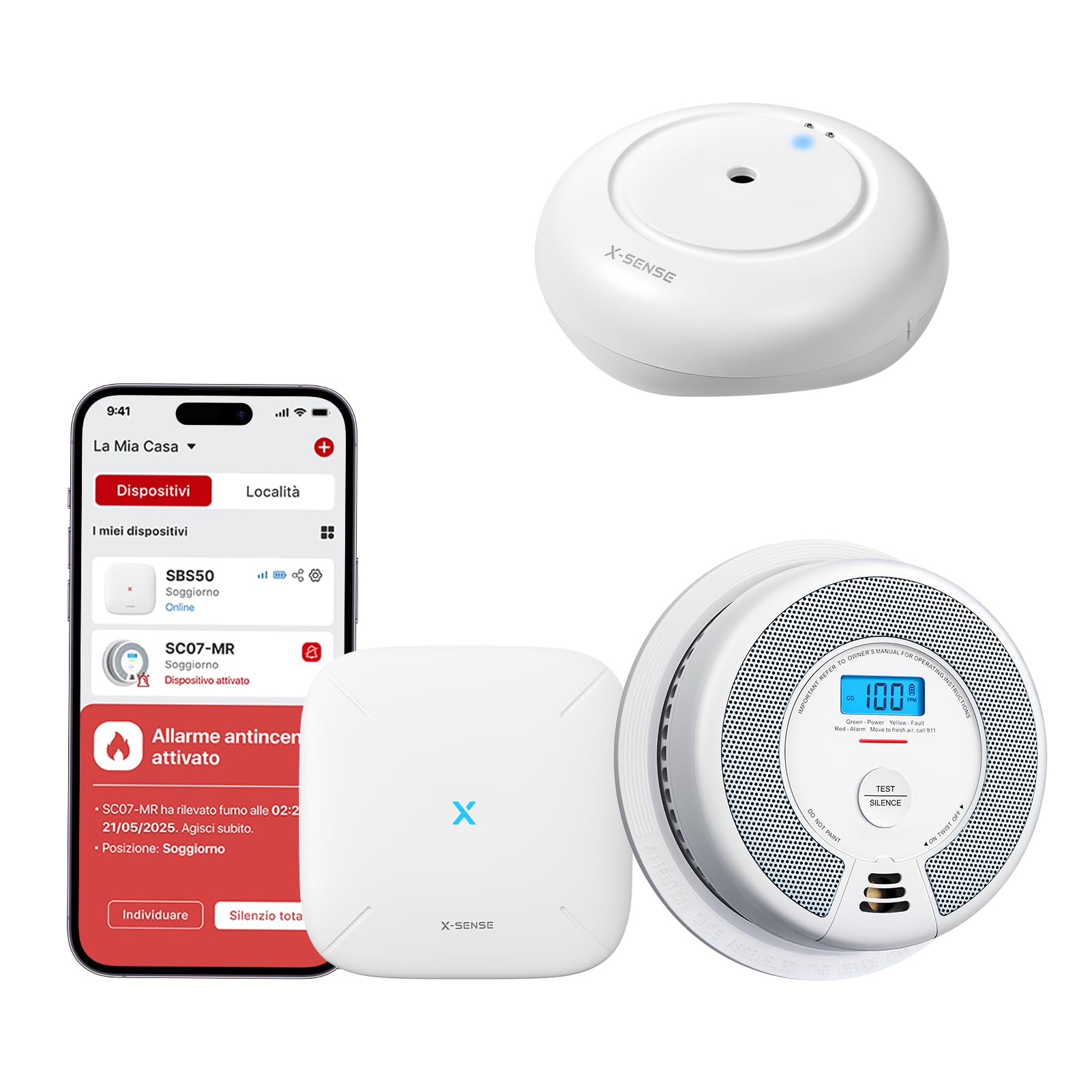 X-Sense Kit Casa Intelligente: 1 Rilevatore di Fumo e CO, 1 Rilevatore di Acque, 1 Base Station, Compatibile con l'App X-Sense Home Security