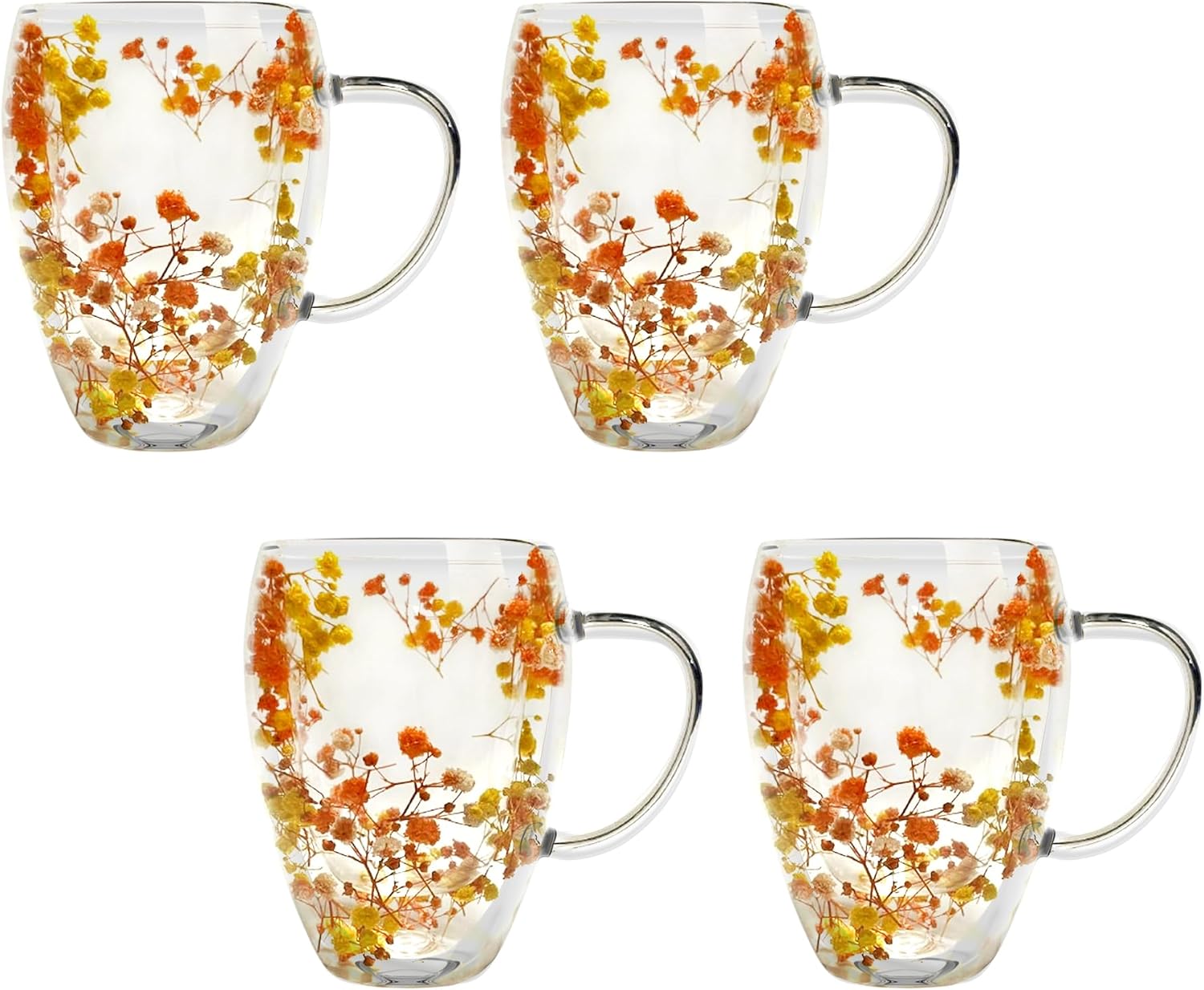 Gusto Buono 11oz Double Wall Glass Mugs, Set of 4 – Orange/Yellow Dry Flowers Design | Handmade, Heat-Resistant, Handwash Only | Perfect Coffee Mugs for Parties & Holiday Gifts