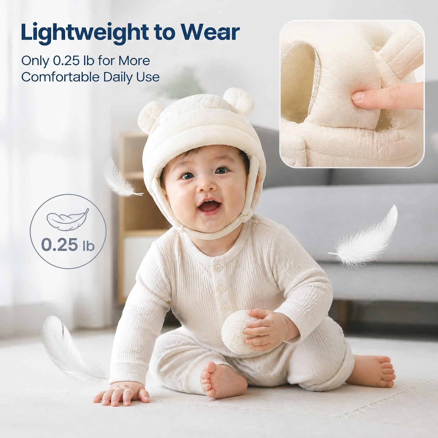 Baby Helmets 6-12-18 Months, Beige Baby Head Protector Helmet for Crawling Walking, Lightweight Breathable Padded Baby Helmet with Bunny Ears, Adjustable 17-20 Inch Head Circumference image 3