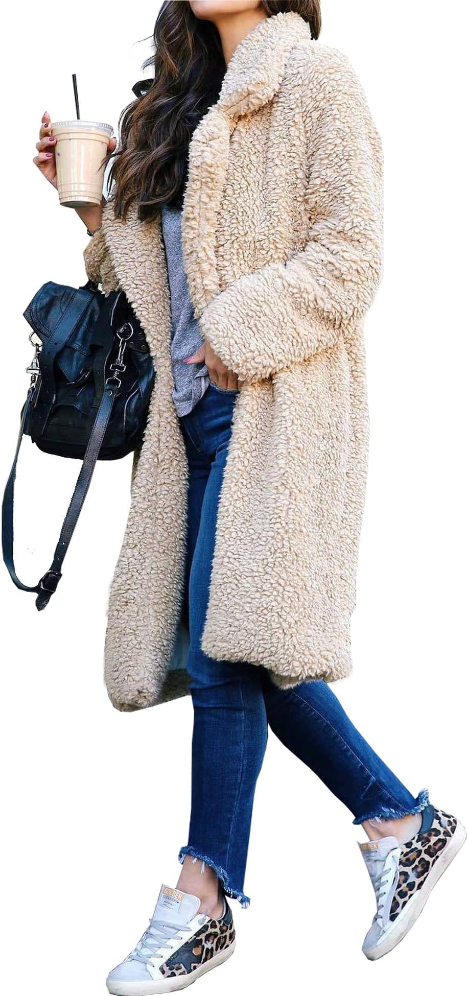 Womens Fuzzy Fleece Lapel Coat Faux Fur Warm Winter Outwear Jackets