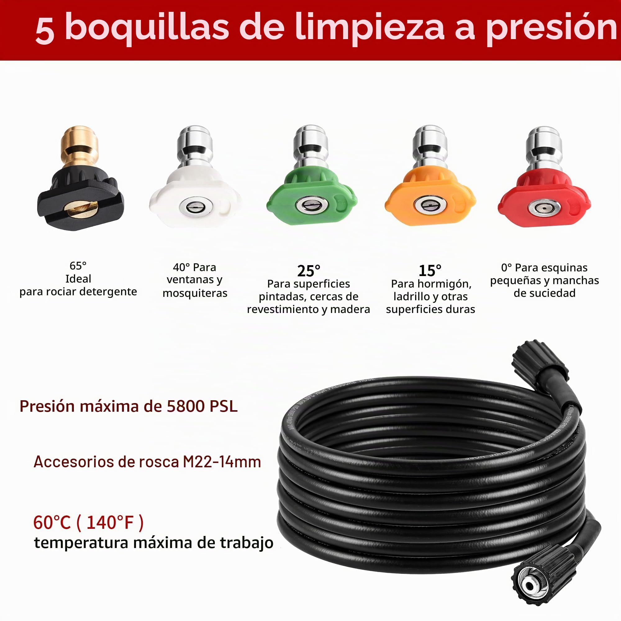 FENG PAI - Pistola de lavado a presión con varilla de extensión de 38,1 cm y manguera de 7,6 m, 5 puntas de boquilla de conexión rápida, repuesto de manguera y varilla para lavadora a presión, racor