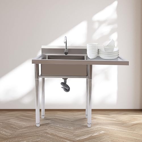 Miniatura 6 de Fregadero independiente de un solo tazón, juego de fregadero de cocina de restaurante comercial con grifo y escurridor, 1 compartimento, lavabo de