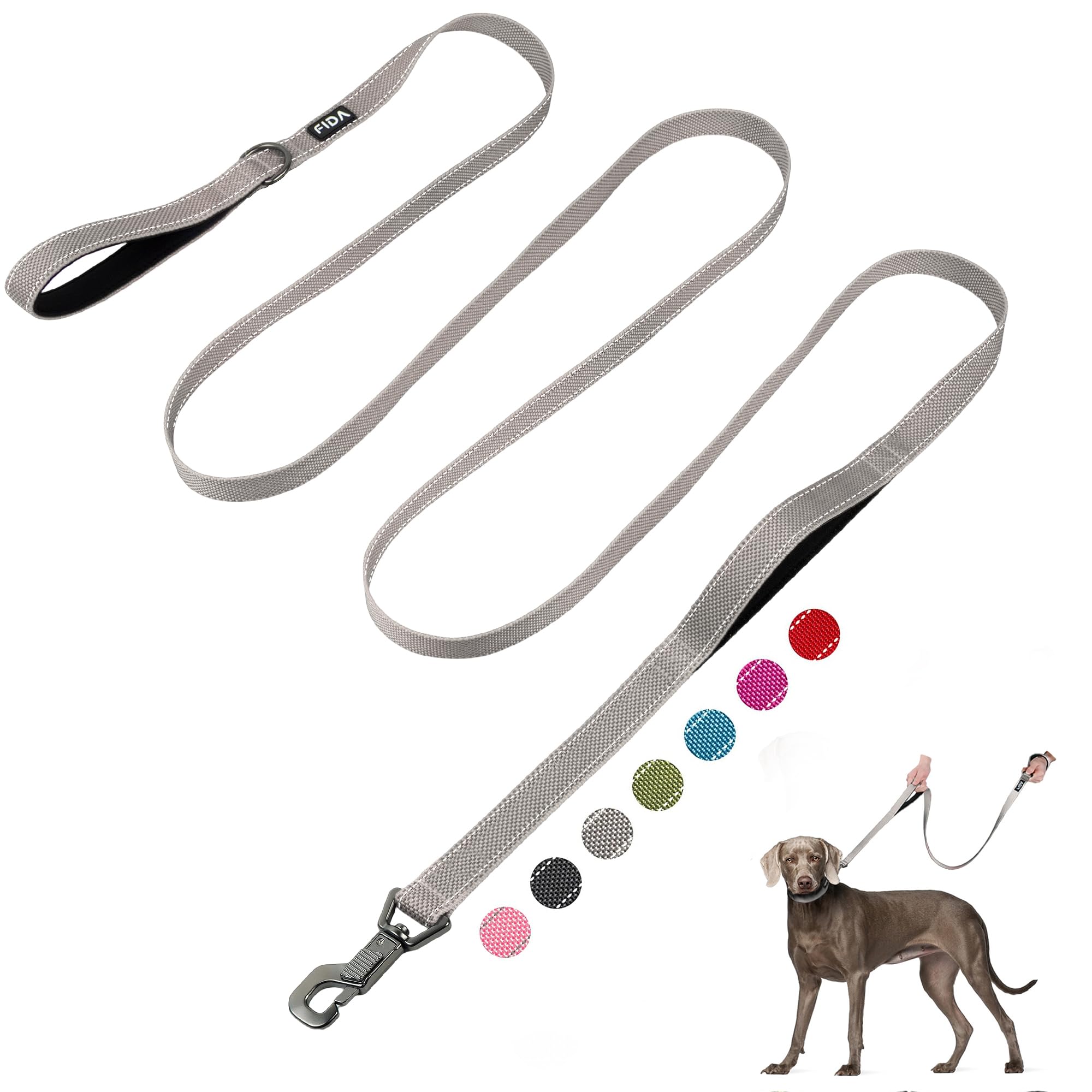 Fida 10ft Heavy Duty Dog Leash with 2 Comfortable Padded Handles, Traffic Handle & Advanced Easy Snap Hook, Reflective Walking Lead for Large, Medium