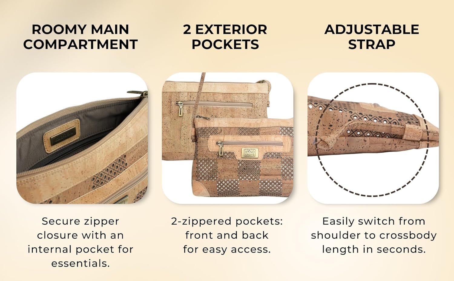 Cork Crossbody Bag - Vegan Leather Purse with Adjustable Strap, Eco-Friendly PETA Approved Handbag, Lightweight Shoulder Bag with Multiple Pockets (Brown) - Image 7