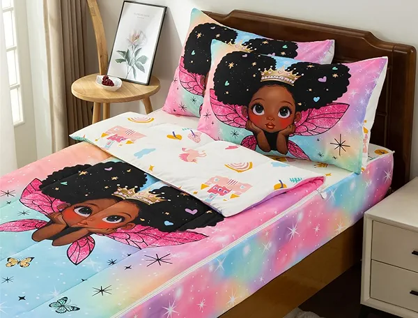 Aimuan Kids Zipper Bedding Black Girl Princess with Wings Comforter Set for Boys Girls Glitter Rainbow Galaxy Bedding Set, Pinkblue