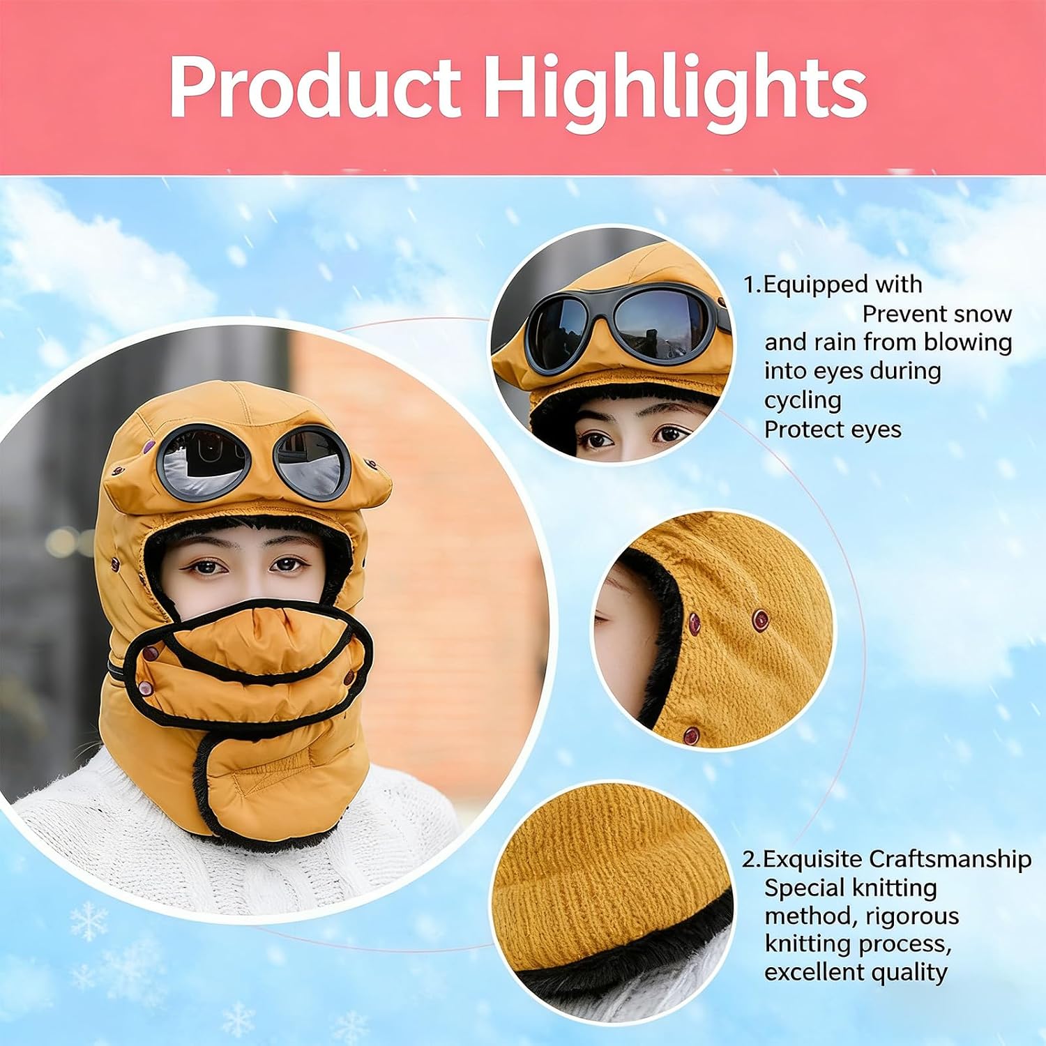 Winter Thermal Hat Scarf with Glasses Warm Hat Trapper Hats Goggles and Outdoor Sport Ski Harsh Winter