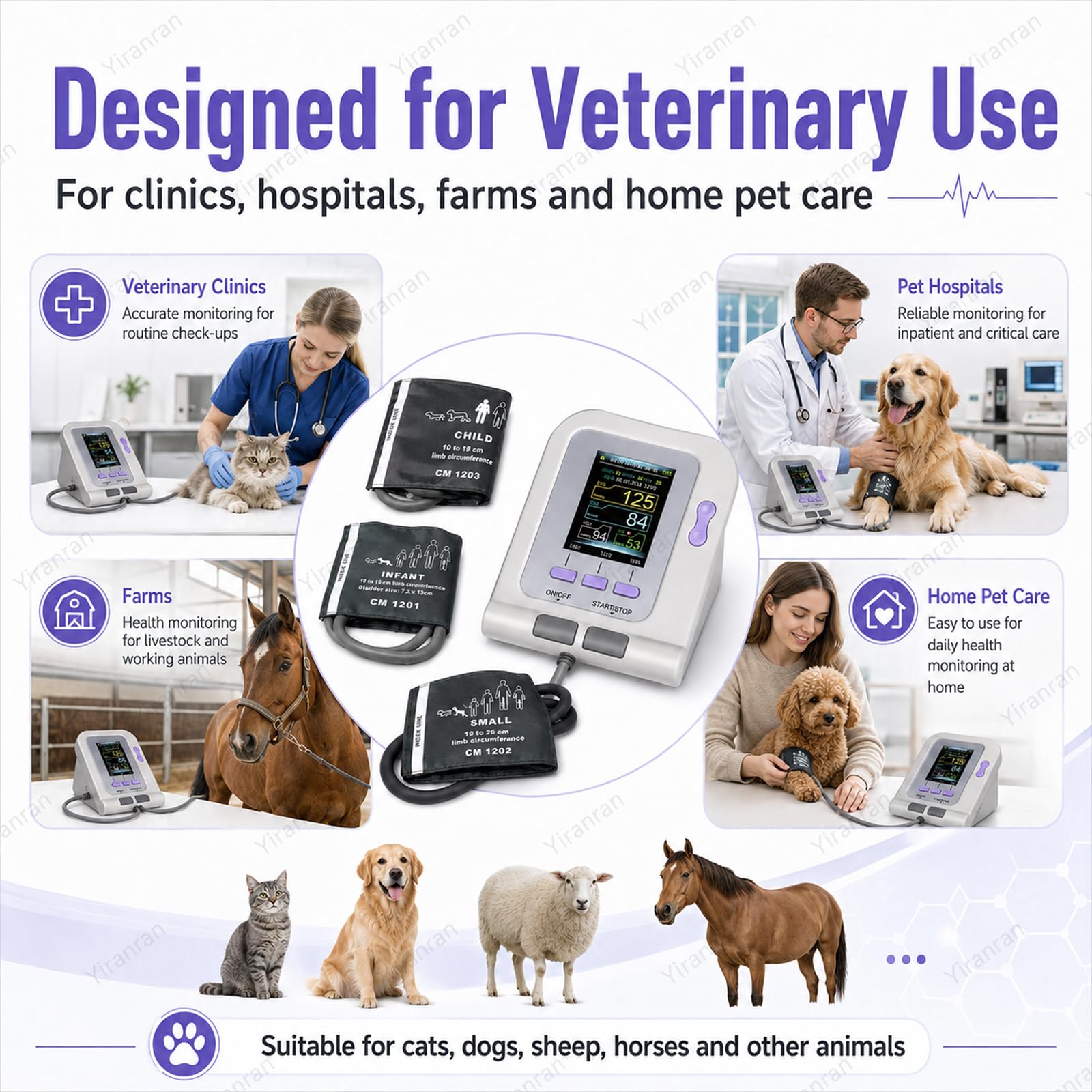 Monitor digital presión arterial veterinario con brazalete, medición automática la presión arterial, equipo veterinario, esfigmomanómetro electrónico 3 modos y 3 brazaletes, para el cuidado perros