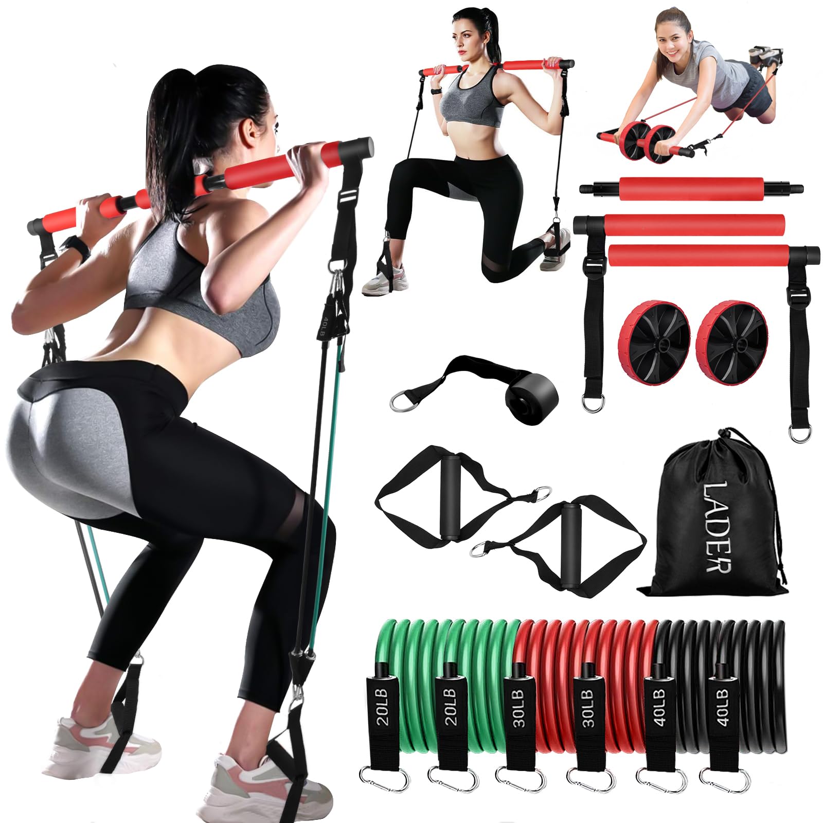 LADER Pilates Bar Kit with Resistance Bands, Fitness Bar with Ab Roller for Abs Workout, Adjustable 3-Section Pilates Bar Portable Yoga Pilates Bar for Women & Men Home Gym Yoga Pilates (Red)