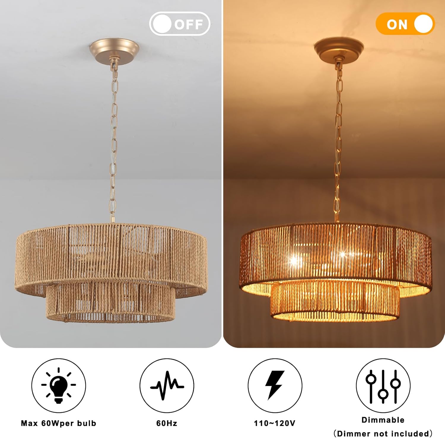 Boho Rattan Chandelier, 17.71” Rattan Pendant Light 4-Light with 2-Tier Hand-Woven Shade, Farmhouse Ceiling Light Fixture Chandeliers for Dining Living Room Bedroom Kitchen Island, UL-Listed