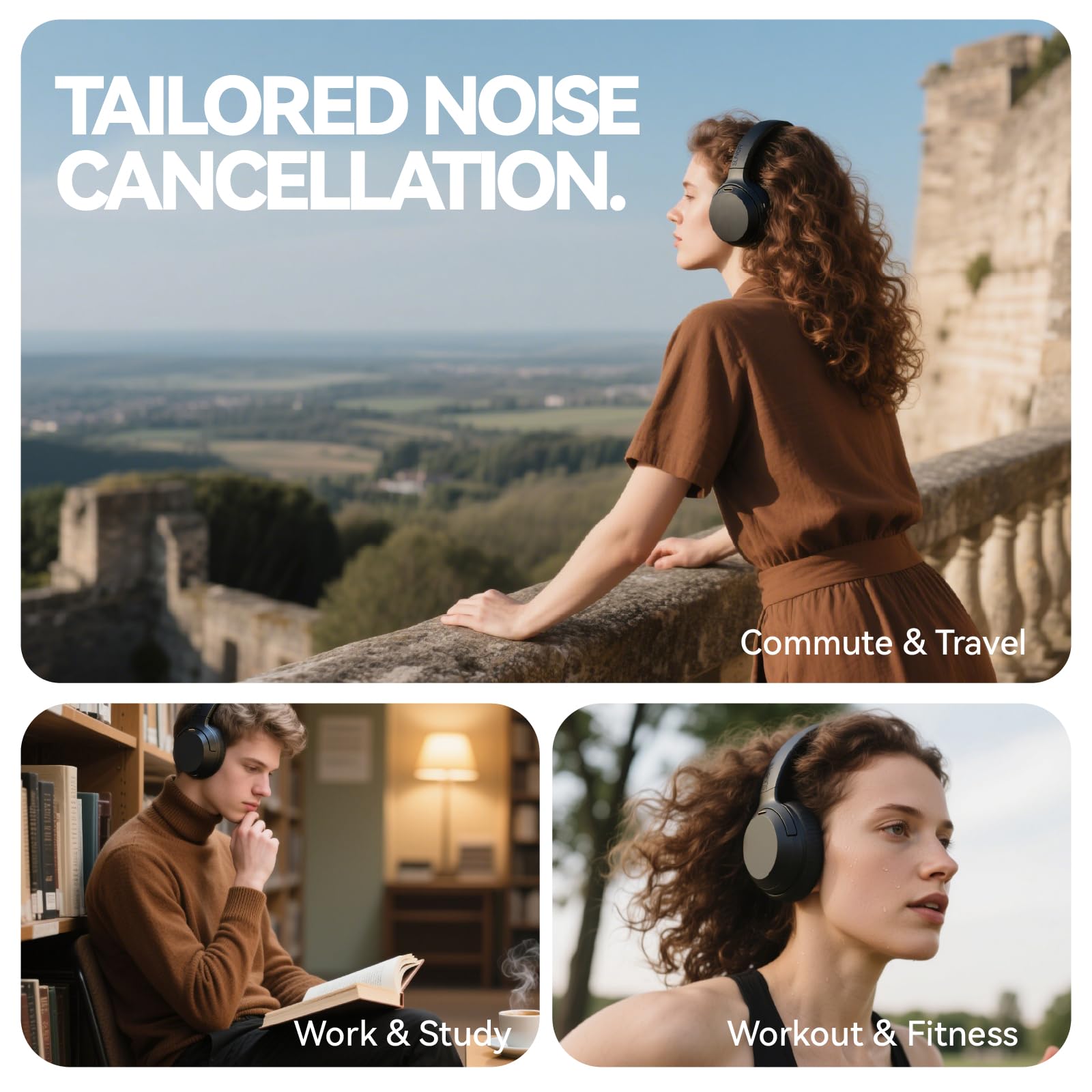 Cuffie ibride con cancellazione attiva del rumore, cuffie Bluetooth over-ear wireless con microfono, 40 ore di riproduzione, audio ad alta risoluzione, bassi profondi, pieghevoli, comode da