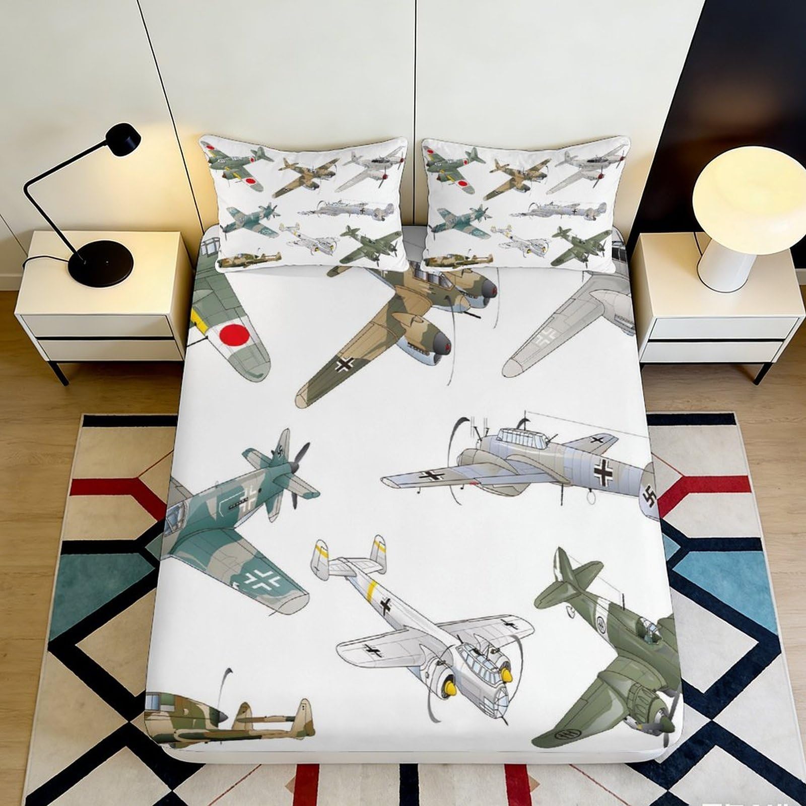 3D Printed Aircraft Microfiber Fitted Sheet Deep Pocket Bedroom Bedding Non-Slip Plane Mattress Fitted Cover for Adults Teens 140x200x25cm