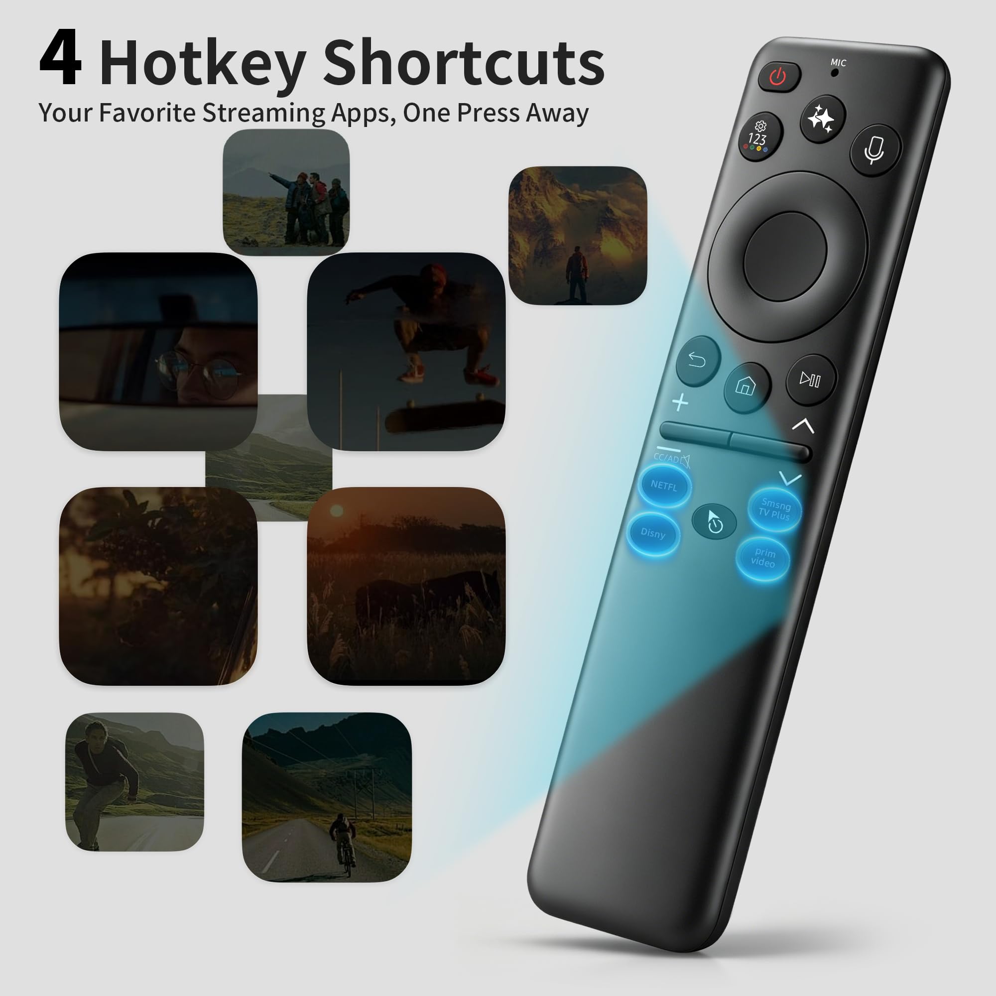 Télécommande solaire de rechange pour Smart TV Samsung, contrôle vocal et IA intelligent avec fonction pointeur, 4 boutons de raccourci, rechargeable USB-C, fonctionne avec les téléviseurs Neo QLED
