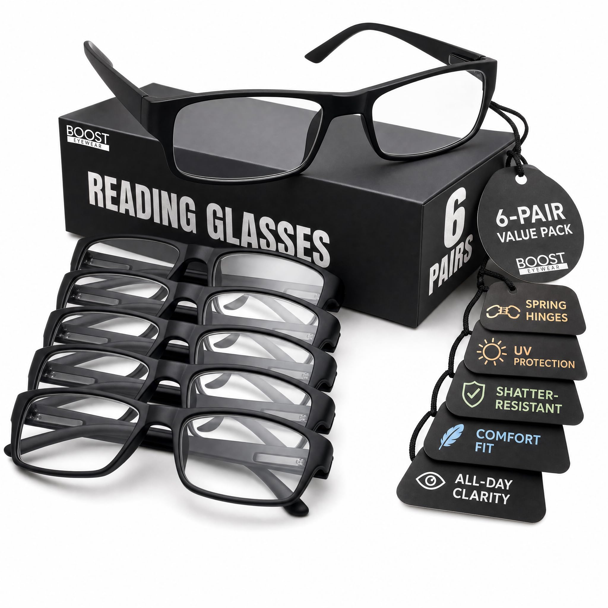 Boost Eyewear Reading Glasses, Traditional Black Frames, with Spring Loaded Hinges