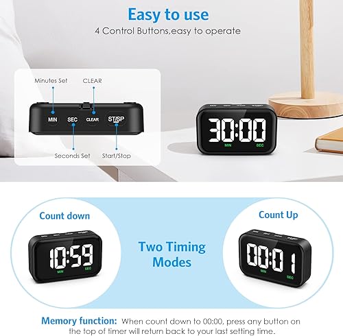 Miniatura 2 de Temporizador digital de cocina, temporizador digital con pantalla LED grande, temporizador de cocina magnético para cocinar, 3 niveles de volumen