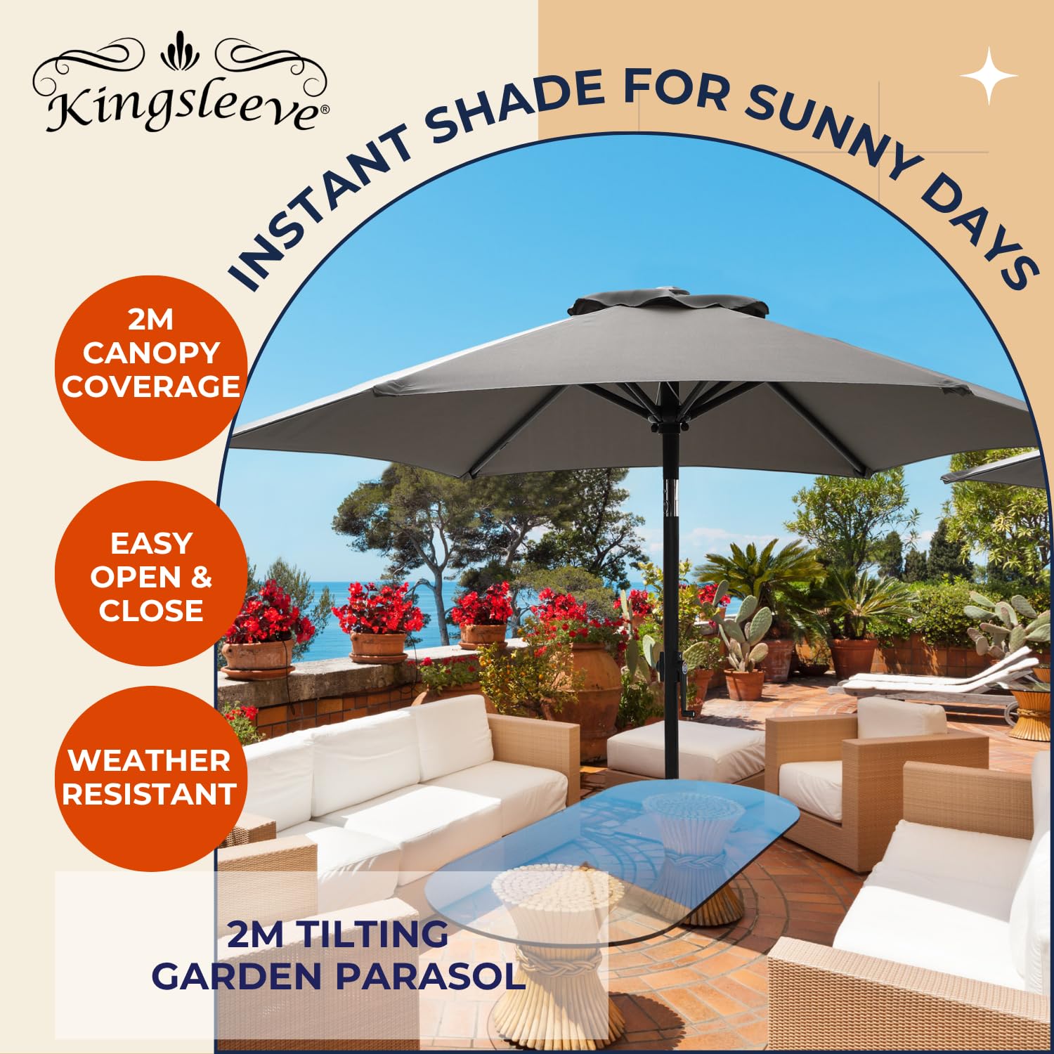 Kingsleeve Sombrilla de Jardín 200Cm Balcón | UV 80, Antracita, Jardín, Inclinable, Resistente, 38 mm, Manivela, Funda Protectora, Parasol, Abertura