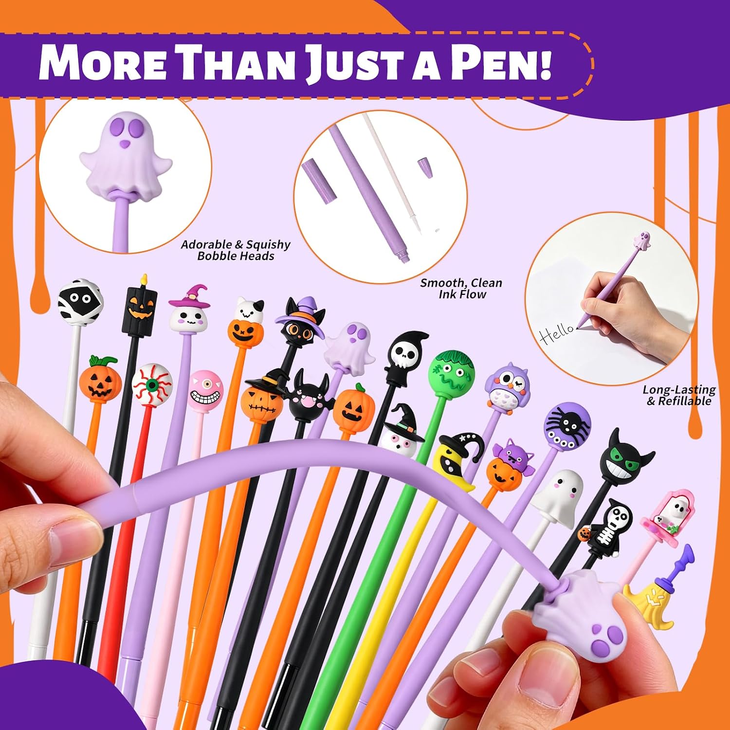 30 Pcs Halloween Fun Pens Cute Bobblehead Gel Ink Pens with Pumpkin Skull Ghost Bat Designs, Assorted Kawaii Pen for Birthday and Holiday Gifts (Halloween) image 3