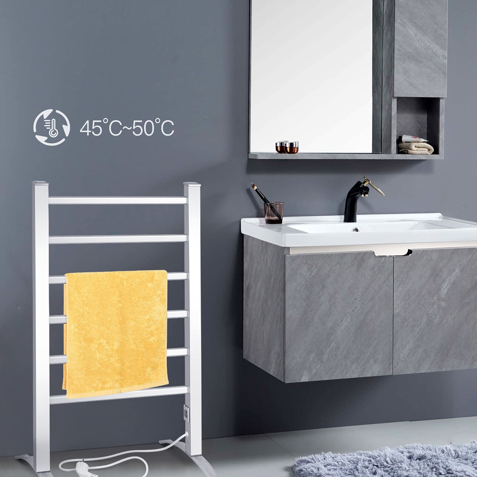 COSTWAY Portasciugamani Multifunzionale Elettrico 2 in 1 | Portasciugamani Elettrico per Vestiti e Asciugamani 100 W, con 6 Sbarre, Struttura in Alluminio, Portasciugamani per Bagno