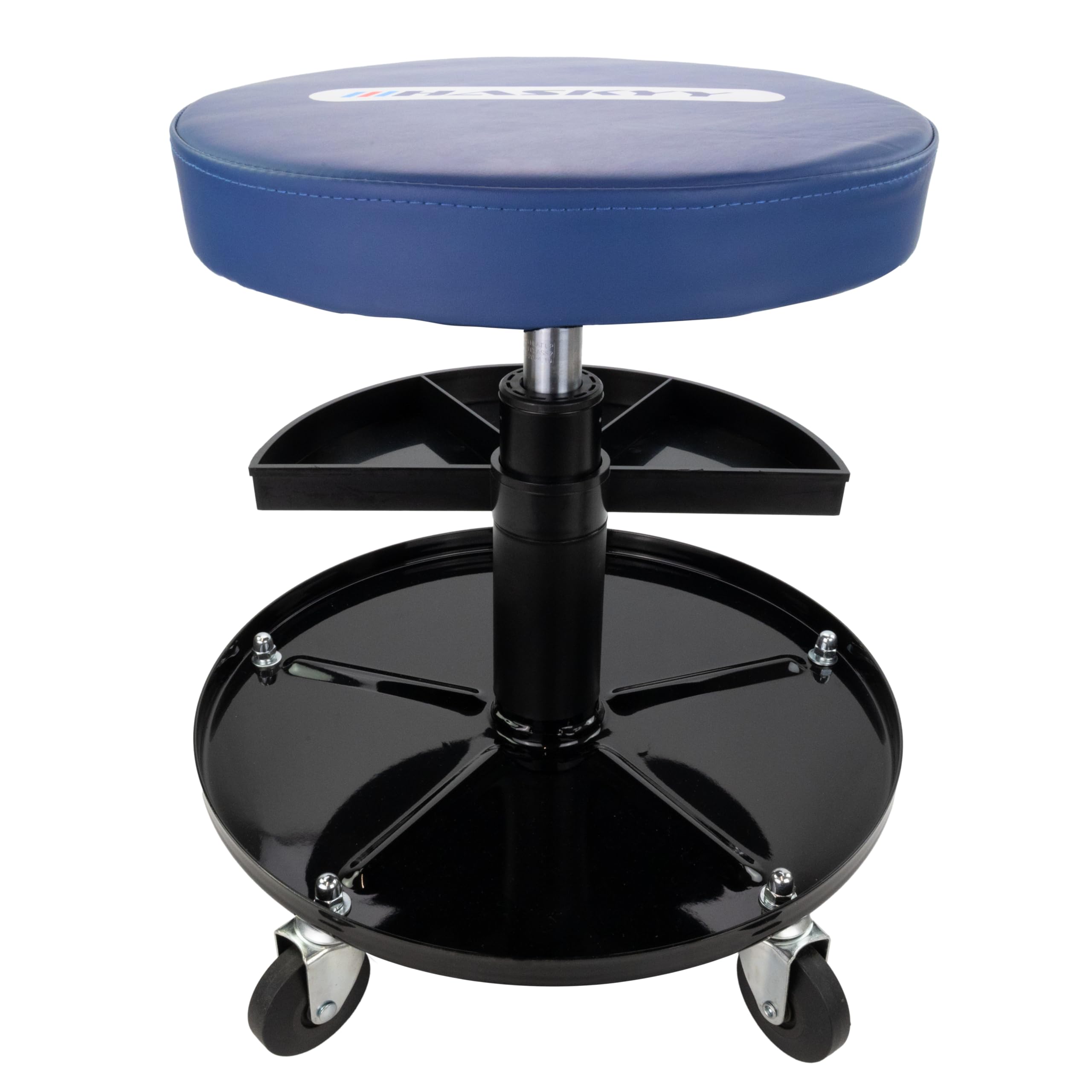 HASKYY Werkstatthocker Werkstattstuhl Arbeitshocker BLAU Stuhl Sitz mit 5 Rollen 2 Ablagen 410-540mm höhenverstellbar Werkstattsitz Rollhocker