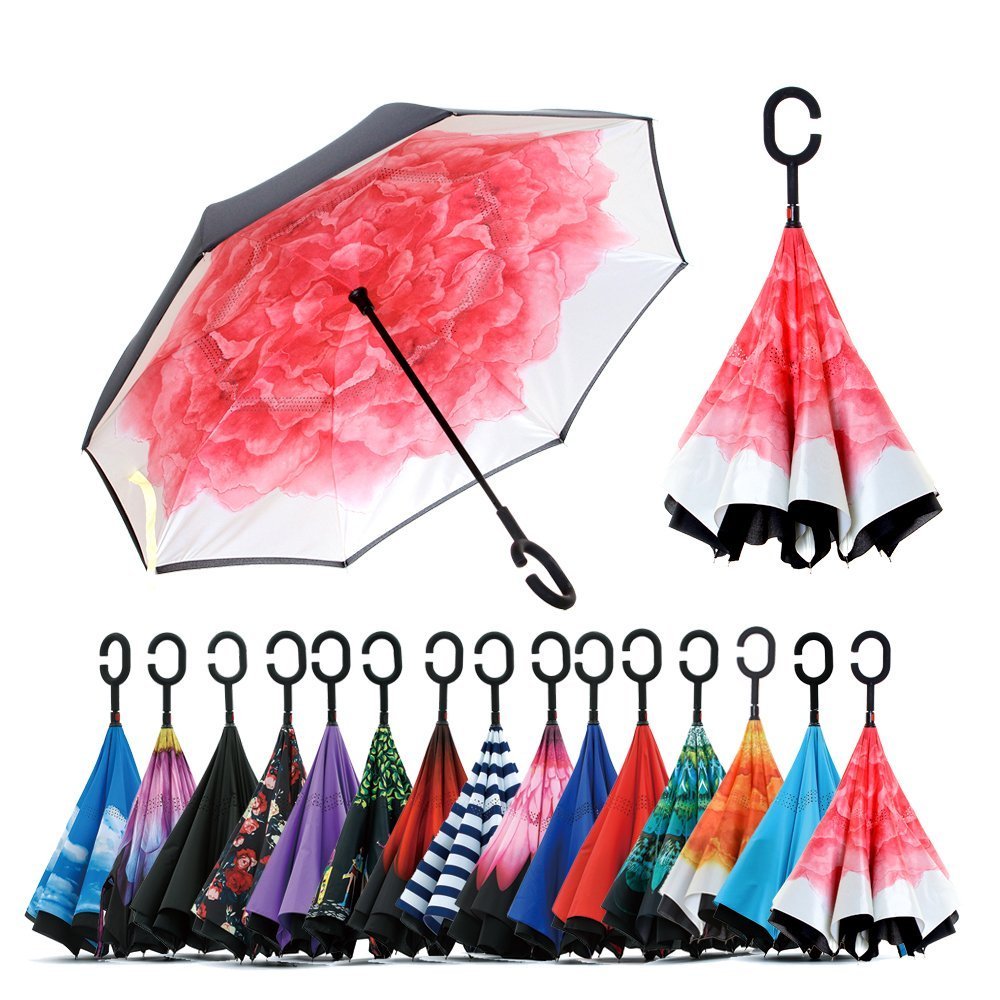 Nny Inc Women's Pink Peony Double Layer Inverted Umbrella Cars Reverse Open Folding Umbrellas, Windproof Uv Protection Large Self Stand Upside Down Straight Umbrella For Golf And Men With C-Shaped (Pink Peony)
