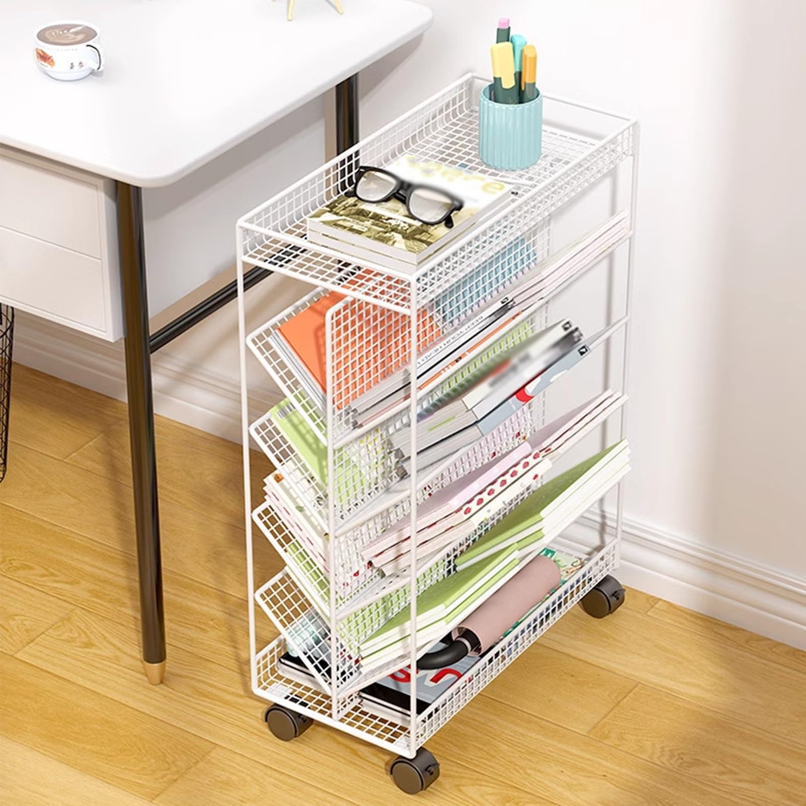 Chariot à livres à roulettes anti-chute avec étagère double face en forme de V mobile