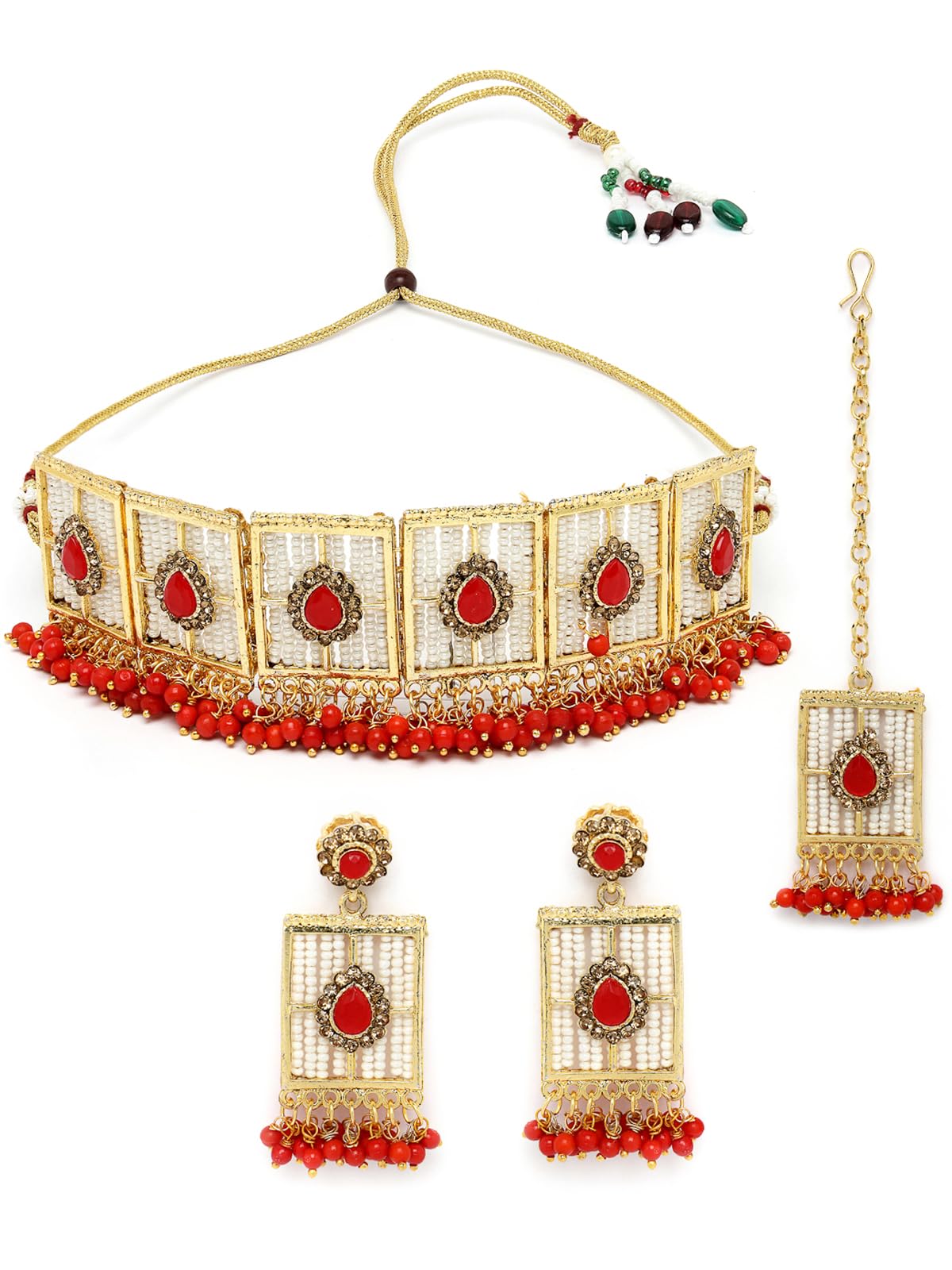 Sukkhi Beautiful Squared Shaped Red Beads With Gold Plated Choker Necklace Set With Earring And Maangtika | Jewellery Set For Women (NS105498) (B0CBB9XZVN) Amazon Price History, Amazon Price Tracker