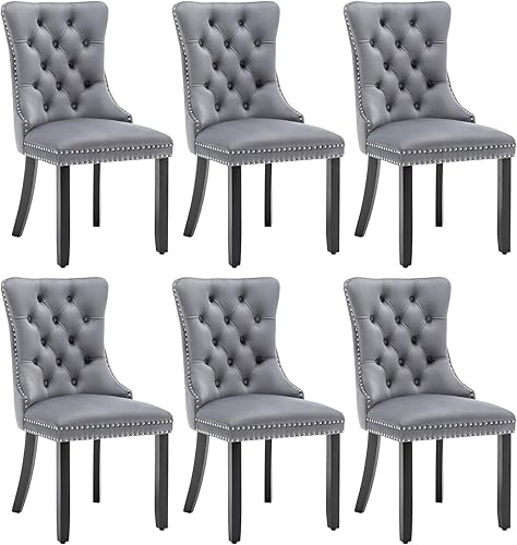 Miniatura 30 de Juego de 4 sillas de comedor de terciopelo, sillas de comedor tapizadas con ribete con tachuelas y tirador de anillo, sillas con respaldo alado con