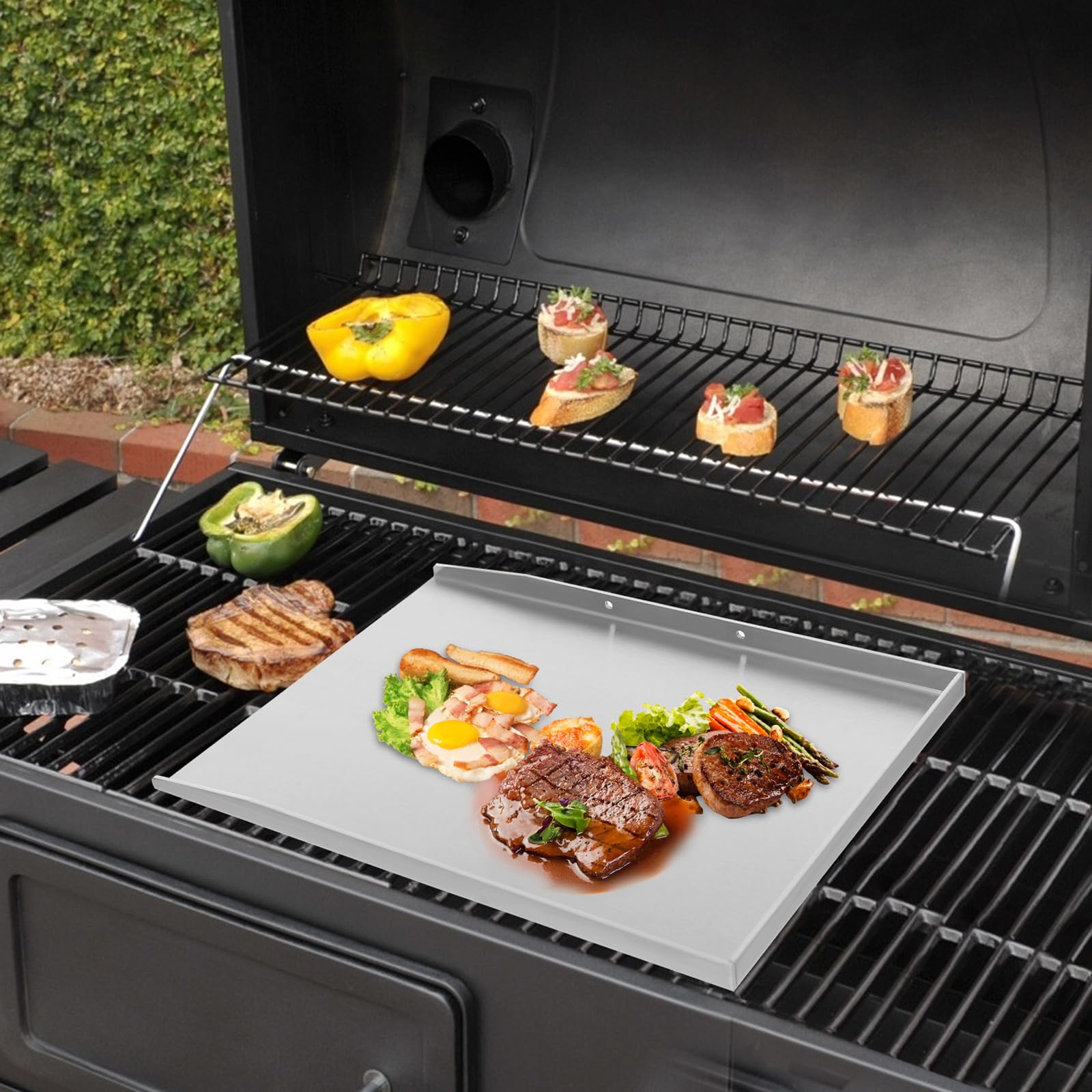 Plancha de acero inoxidable para barbacoa, camping, pícnic, con 2 asas, apta para lavavajillas, inoxidable, para carne, pescado y verduras (plata, 48 x 34 cm)