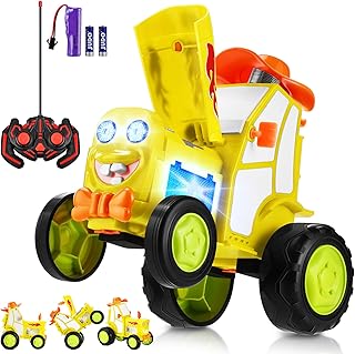 سيارة تعمل بجهاز تحكم للأطفال بعمر 3 4 5 6 7 سنوات من نوييتوي، سيارات بهلوانية بحركة عمودية 90 درجة مزودة بإضاءة وموسيقى، لعبة قطار كهربائي هزاز للأولاد والبنات ويوم الطفل، (أصفر)