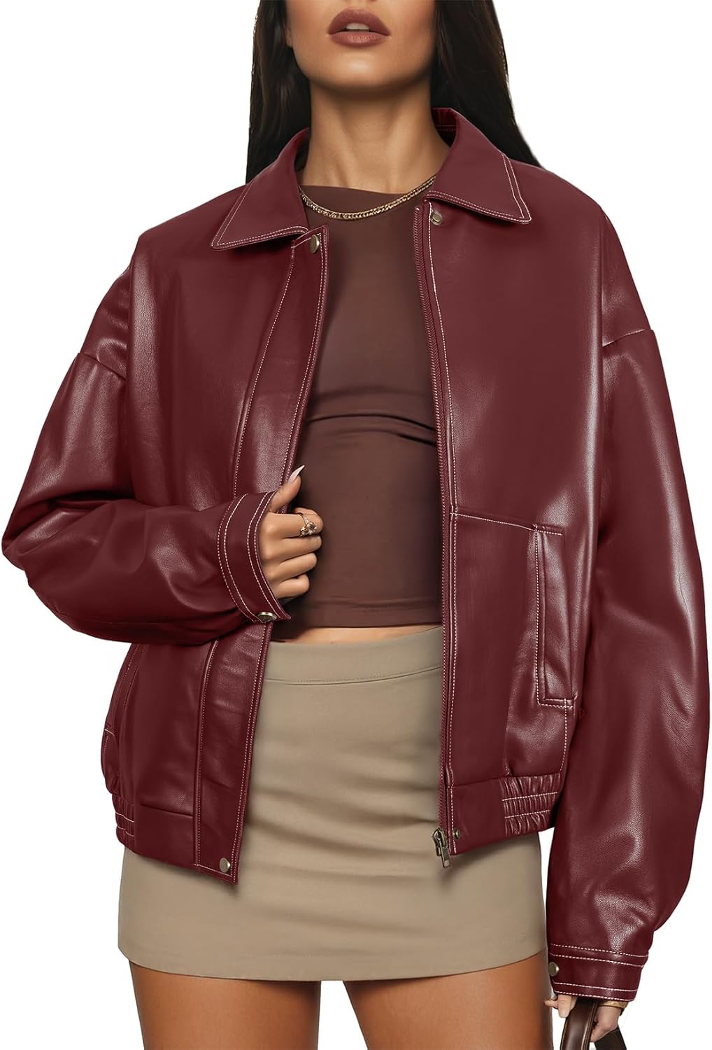 EVALESS Leather Jacket Women Faux Motorcycle Coats Fashion Oversized Bomber Zip Up Jackets Trendy Fall Winter Outfits 2025