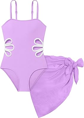 Girls Swimsuit Adjustable Straps Cut Out One Piece Bathing Suit with Solid Color Cover Up Skirt Girls' Swimwear 5-16Y