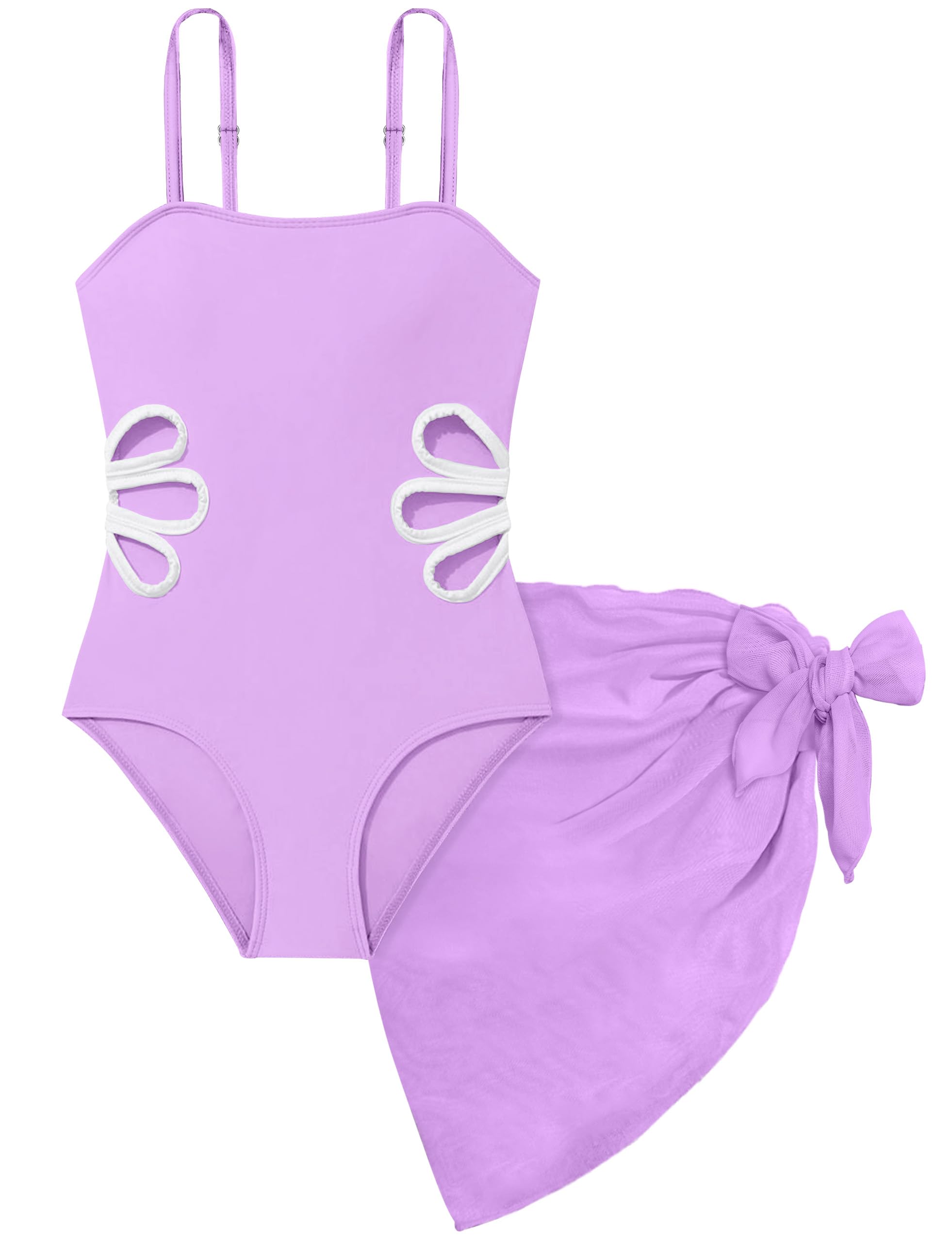 TALLWH Girl Swimsuit Bathing Suits Size 8-10 Adjustable Straps Cut Out One Piece Swimsuit with Solid Color Cover Up Skirt Girls' Swimwear